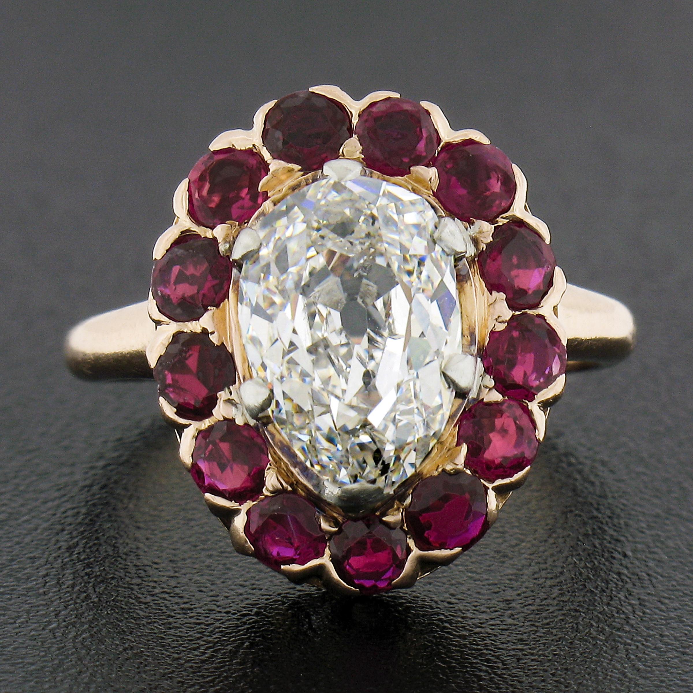 Victorian Antique 14k Gold & Platinum GIA Old Mine Pear Diamond Ruby Halo Engagement Ring For Sale