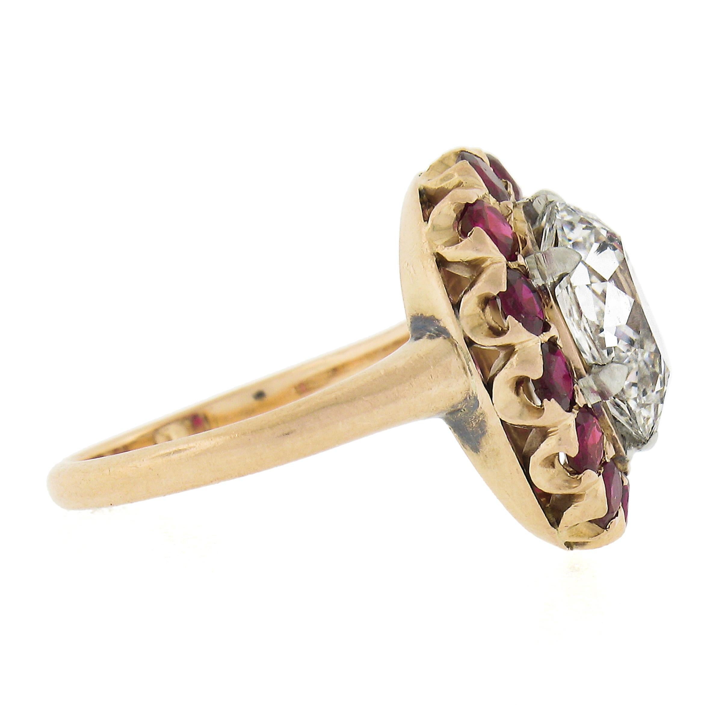 Antique 14k Gold & Platinum GIA Old Mine Pear Diamond Ruby Halo Engagement Ring In Good Condition For Sale In Montclair, NJ