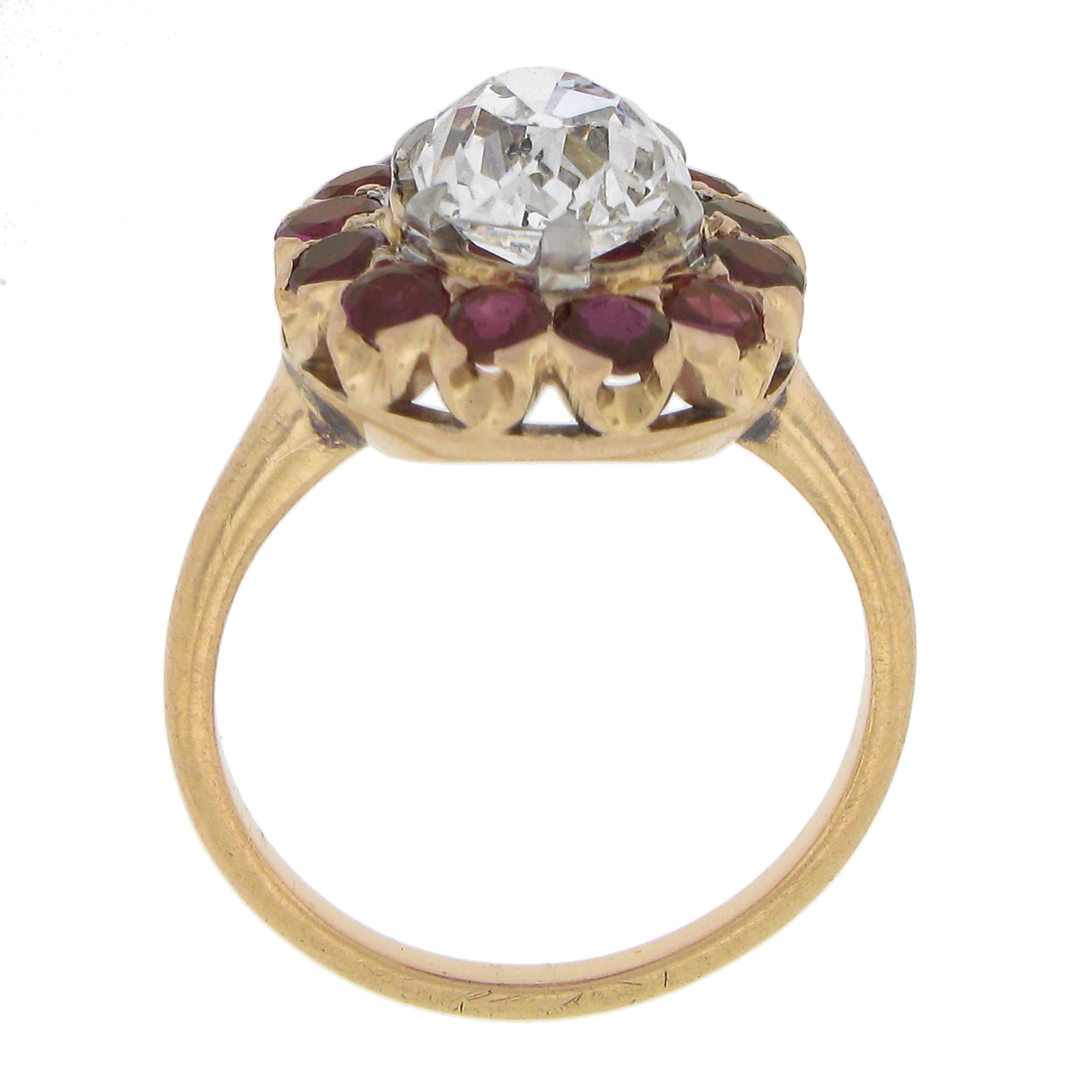 Antique 14k Gold & Platinum GIA Old Mine Pear Diamond Ruby Halo Engagement Ring For Sale 2