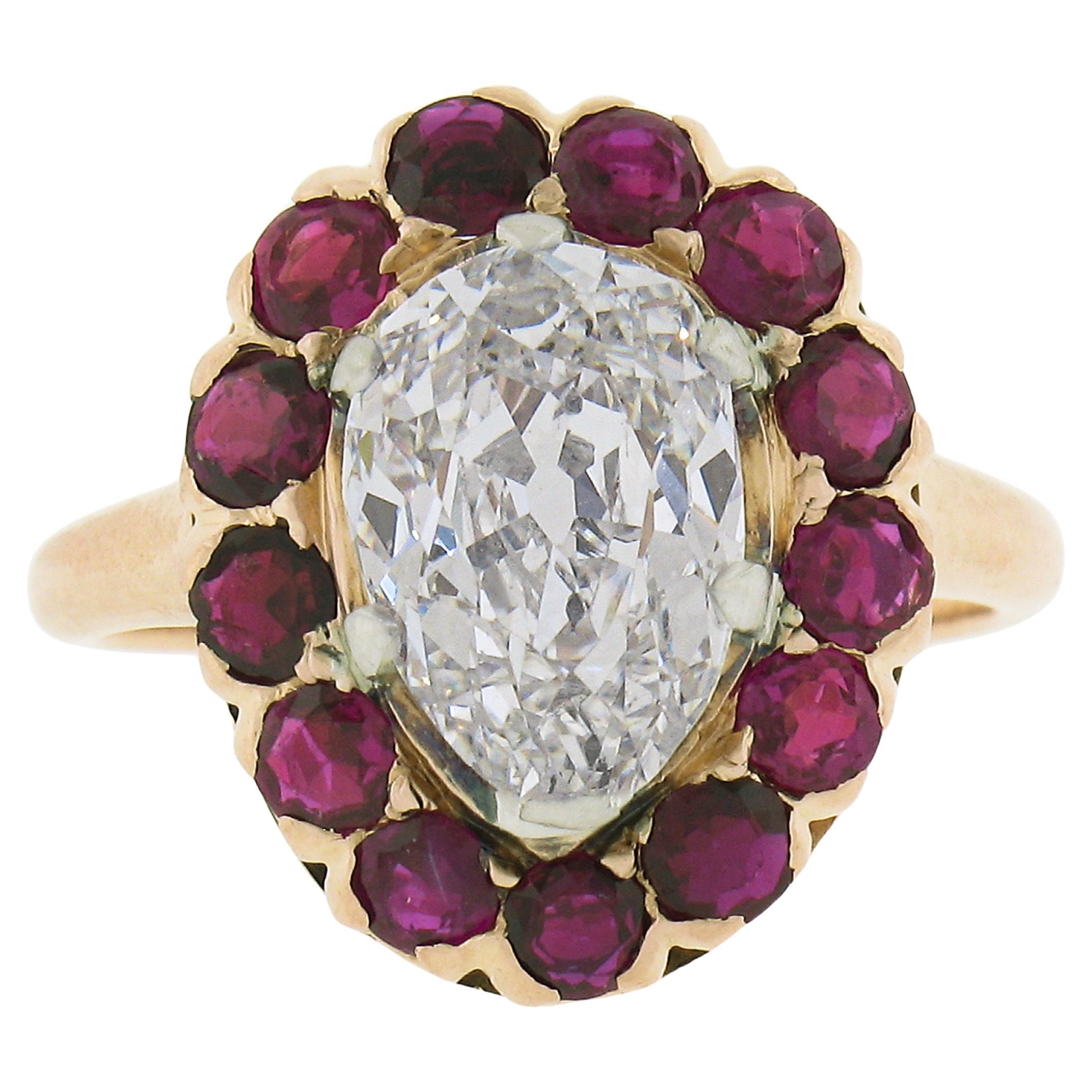 Antique 14k Gold & Platinum GIA Old Mine Pear Diamond Ruby Halo Engagement Ring For Sale