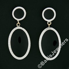 Antique 14k Gold & Platinum Round & Oval Black Onyx Wheat Work Dangle Earrings
