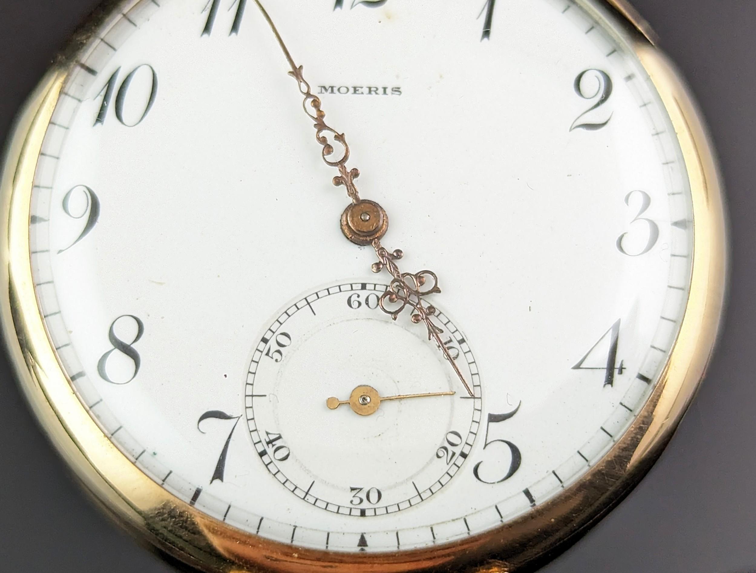 Antique 14k gold pocket watch, Moeris, open face  7