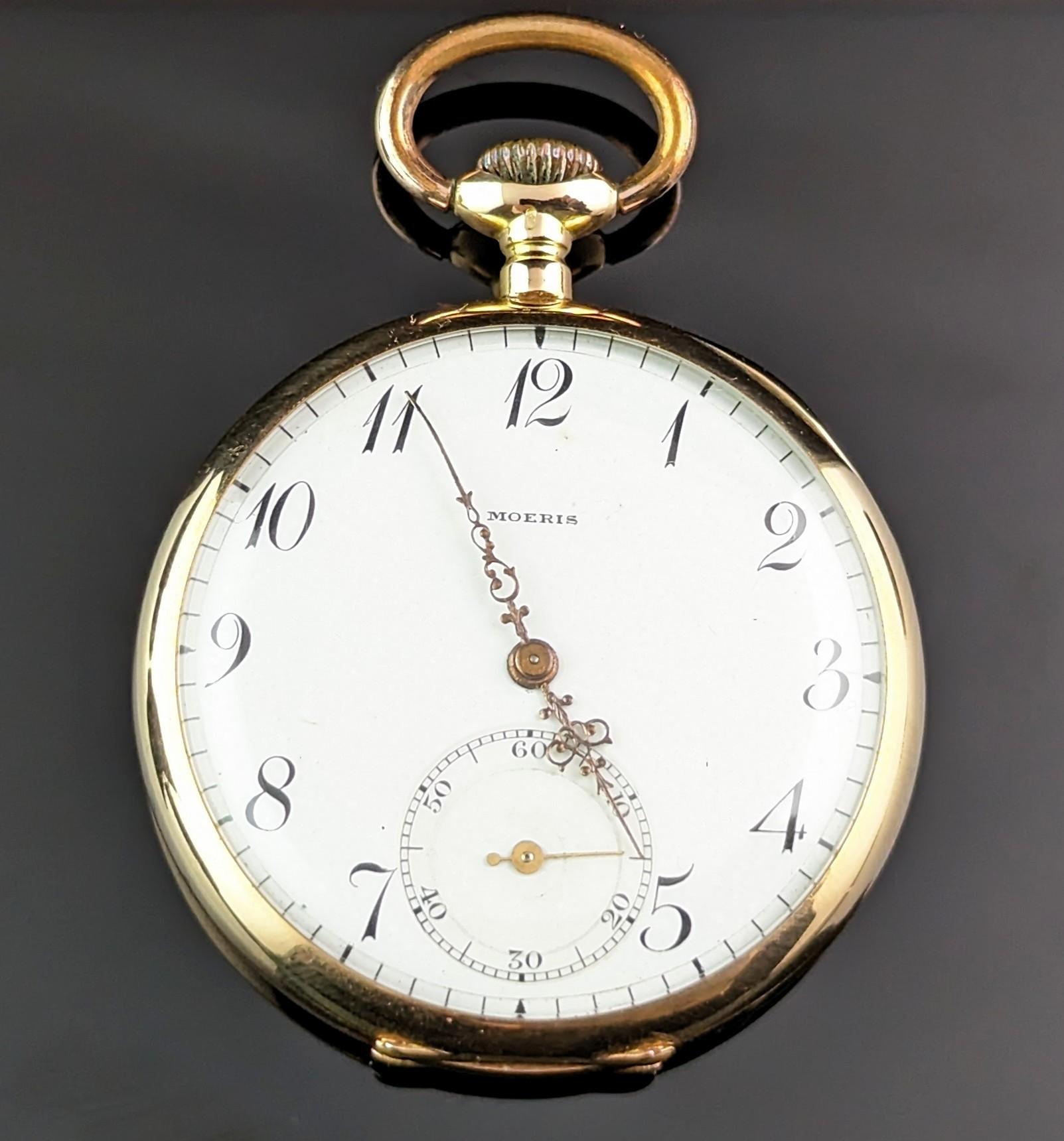 Antique 14k gold pocket watch, Moeris, open face  8