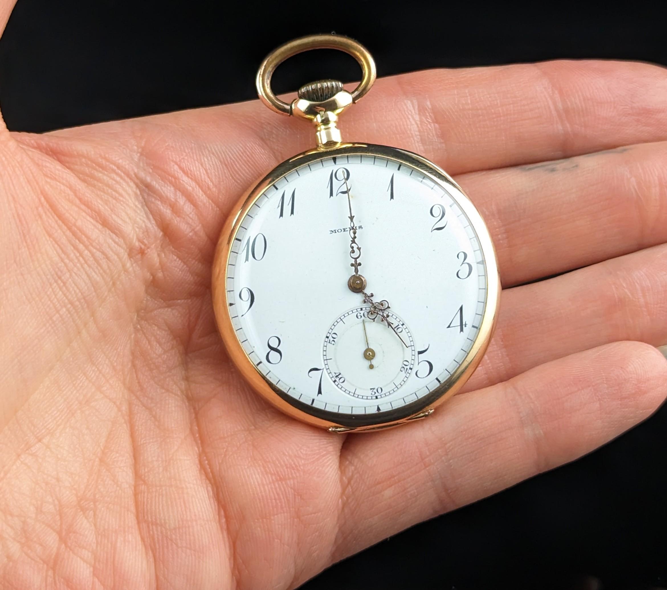 Art Nouveau Antique 14k gold pocket watch, Moeris, open face 
