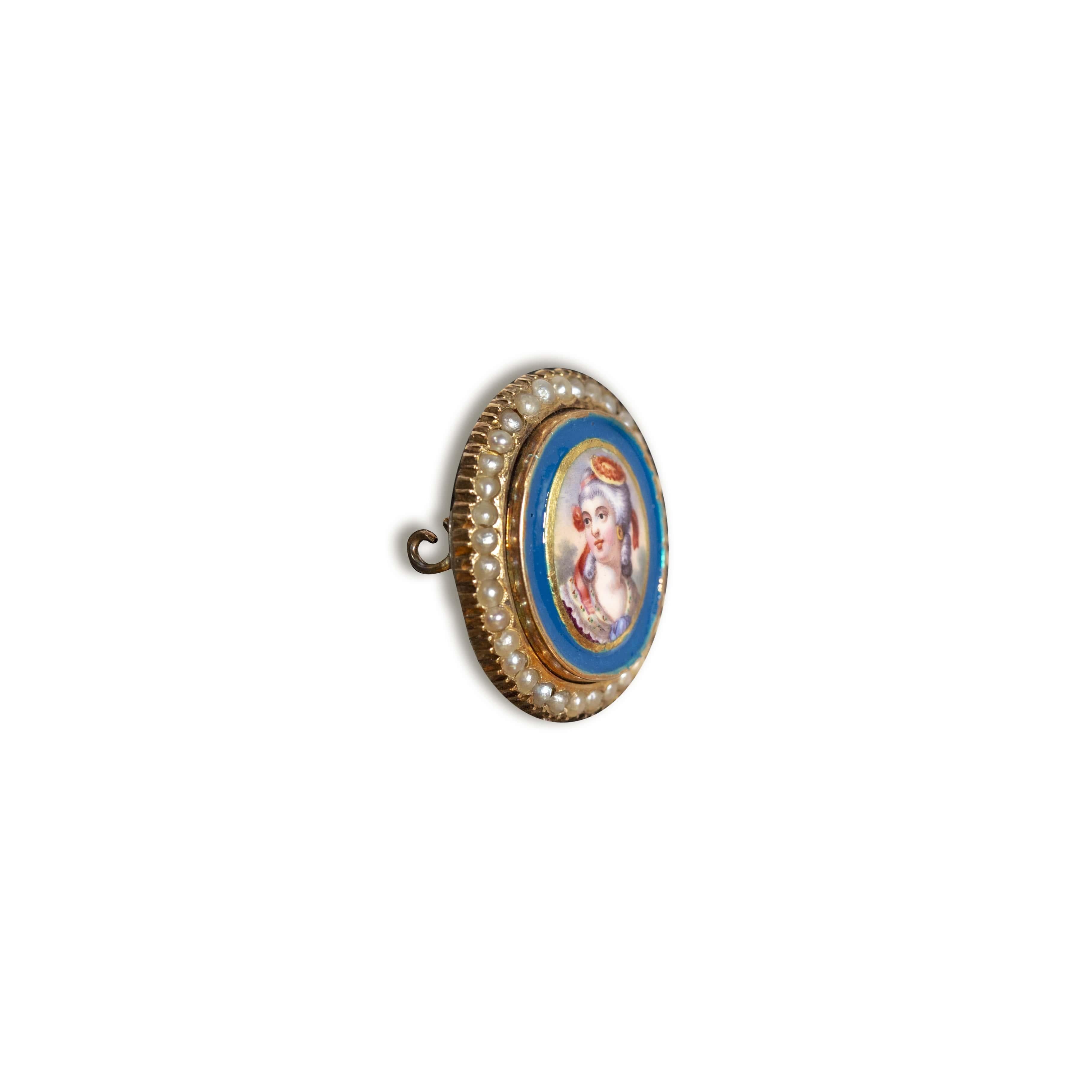 Victorian Antique 14k Gold Portrait Brooch Hand Painted Swiss Enamel Porcelain with Natura For Sale
