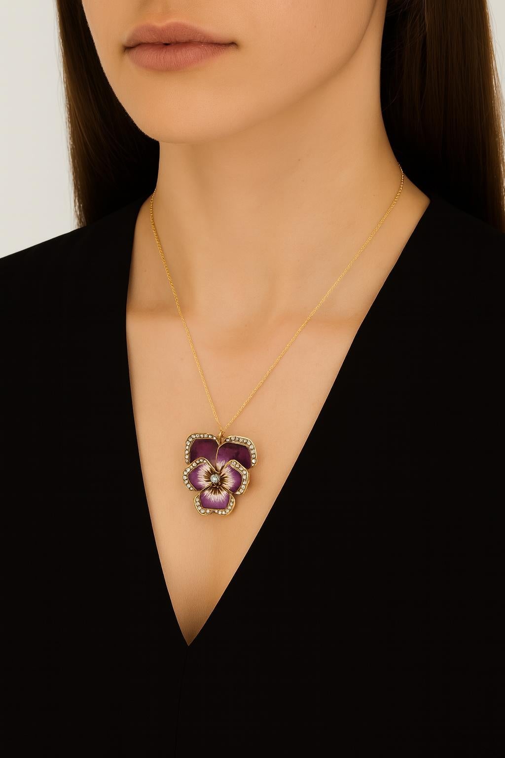 Antique 14k Gold Purple Enamel Seed Pearl & Diamond Pansy Flower Brooch Pendant For Sale 5