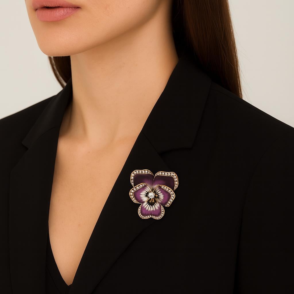 Antique 14k Gold Purple Enamel Seed Pearl & Diamond Pansy Flower Brooch Pendant For Sale 6