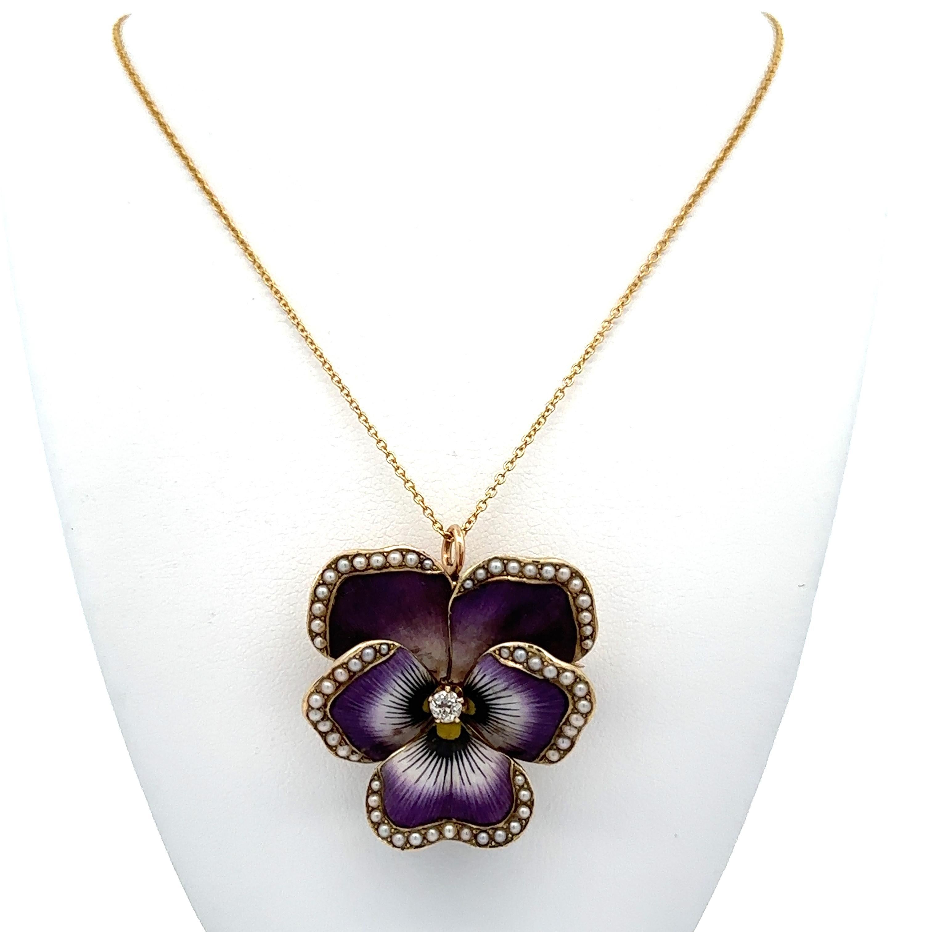 --Stone(s):--
Numerous Genuine Cultured Seed Pearls - Round Shape - Pave Set - White Color
(1) Natural Genuine Diamond - Old Mine cut - Prong Set - Nice White Brilliant Diamond - 0.12ctw (approx.)

Material: Solid 14k Yellow Gold w/ Purple, Black,