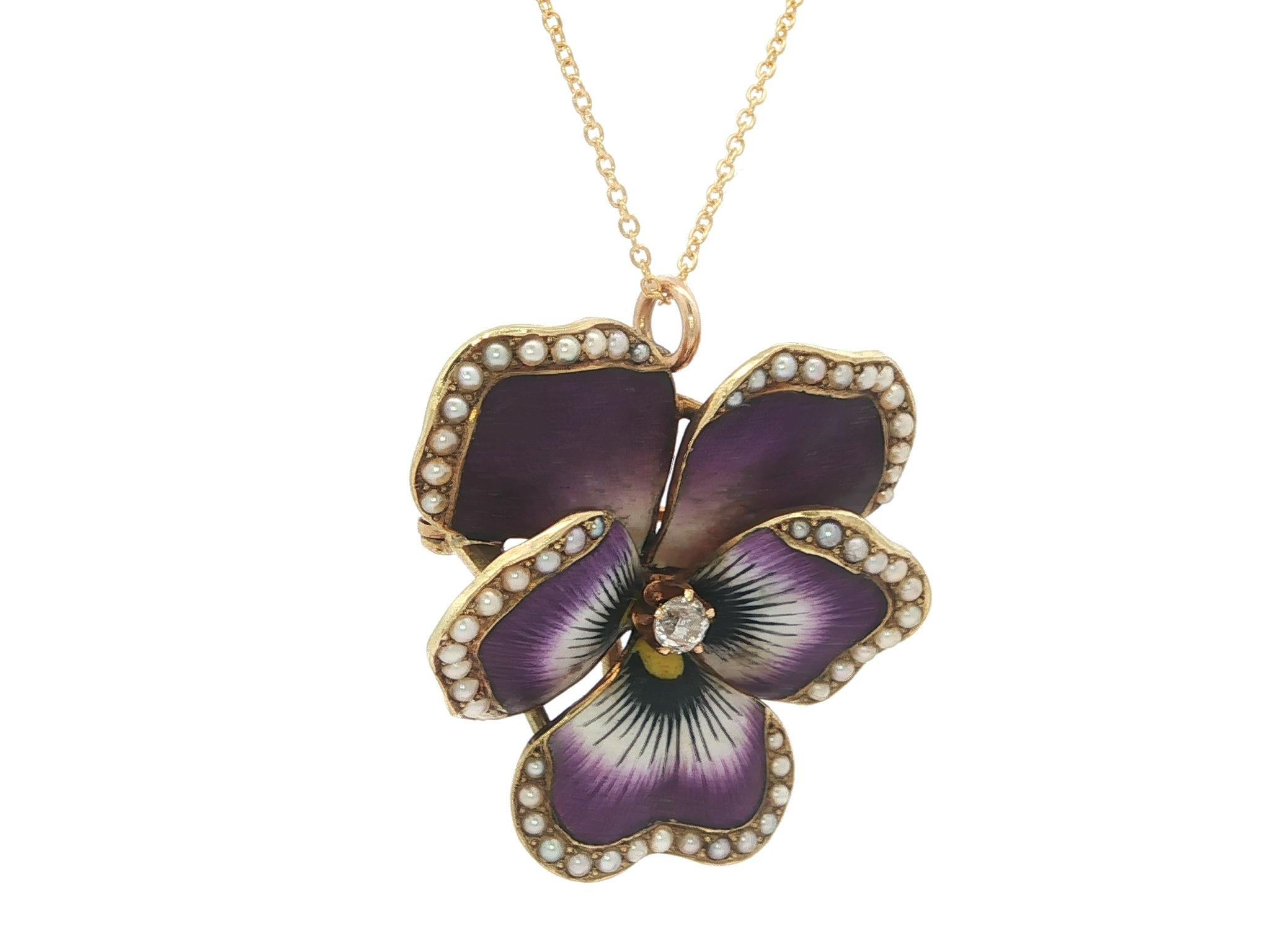 Antique 14k Gold Purple Enamel Seed Pearl & Diamond Pansy Flower Brooch Pendant For Sale 1
