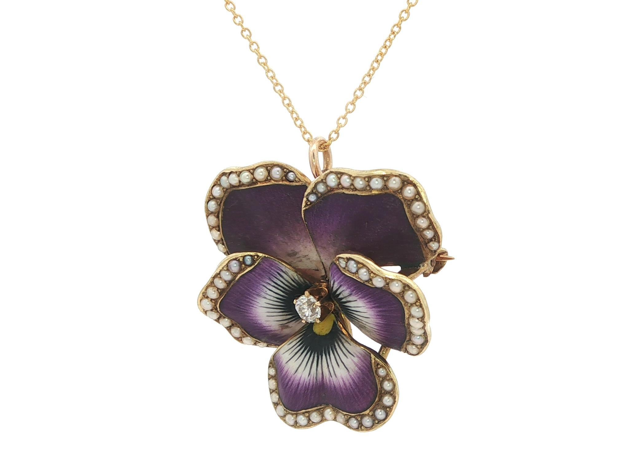 Antique 14k Gold Purple Enamel Seed Pearl & Diamond Pansy Flower Brooch Pendant For Sale 4