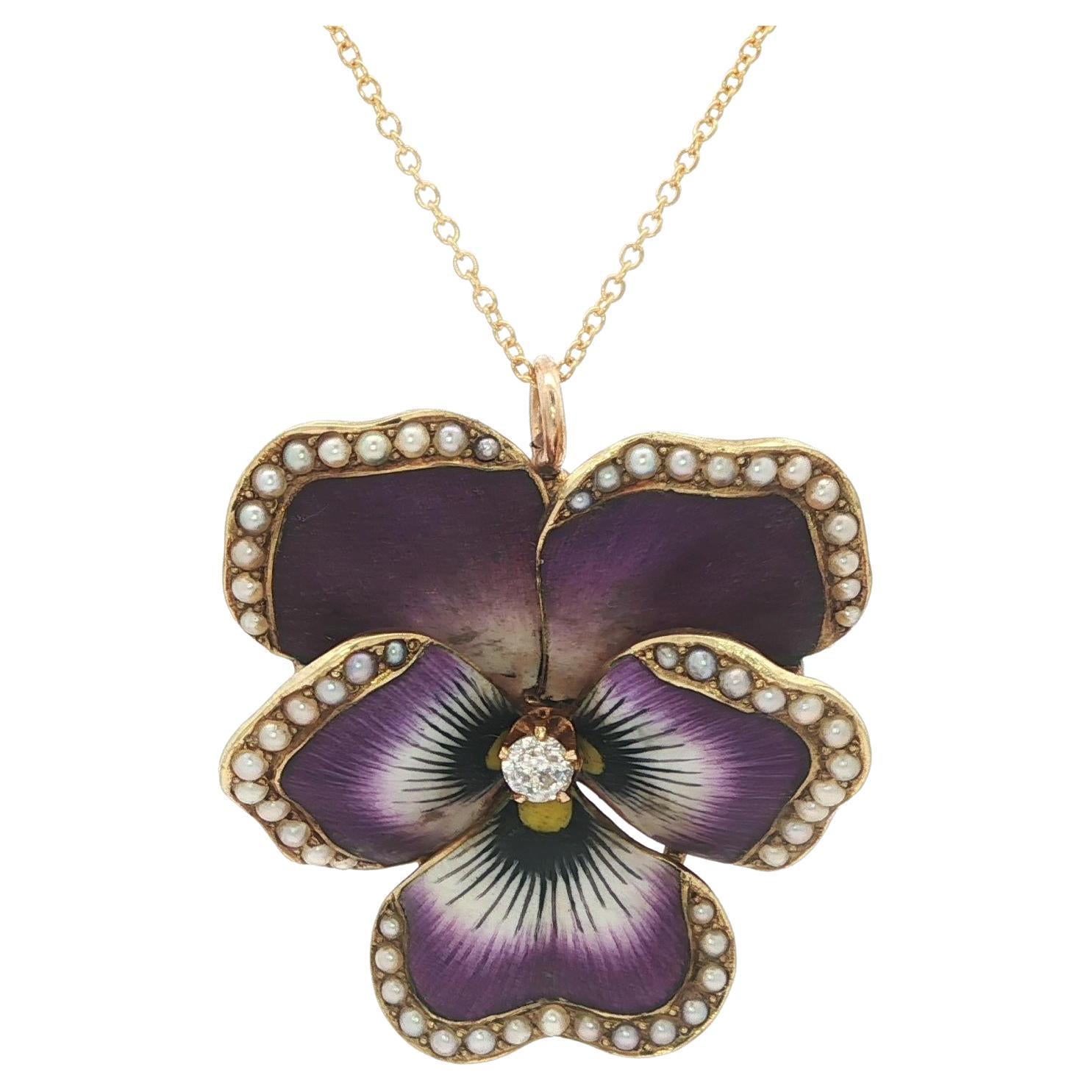 Antique 14k Gold Purple Enamel Seed Pearl
Diamond Pansy Flower Brooch Pendant