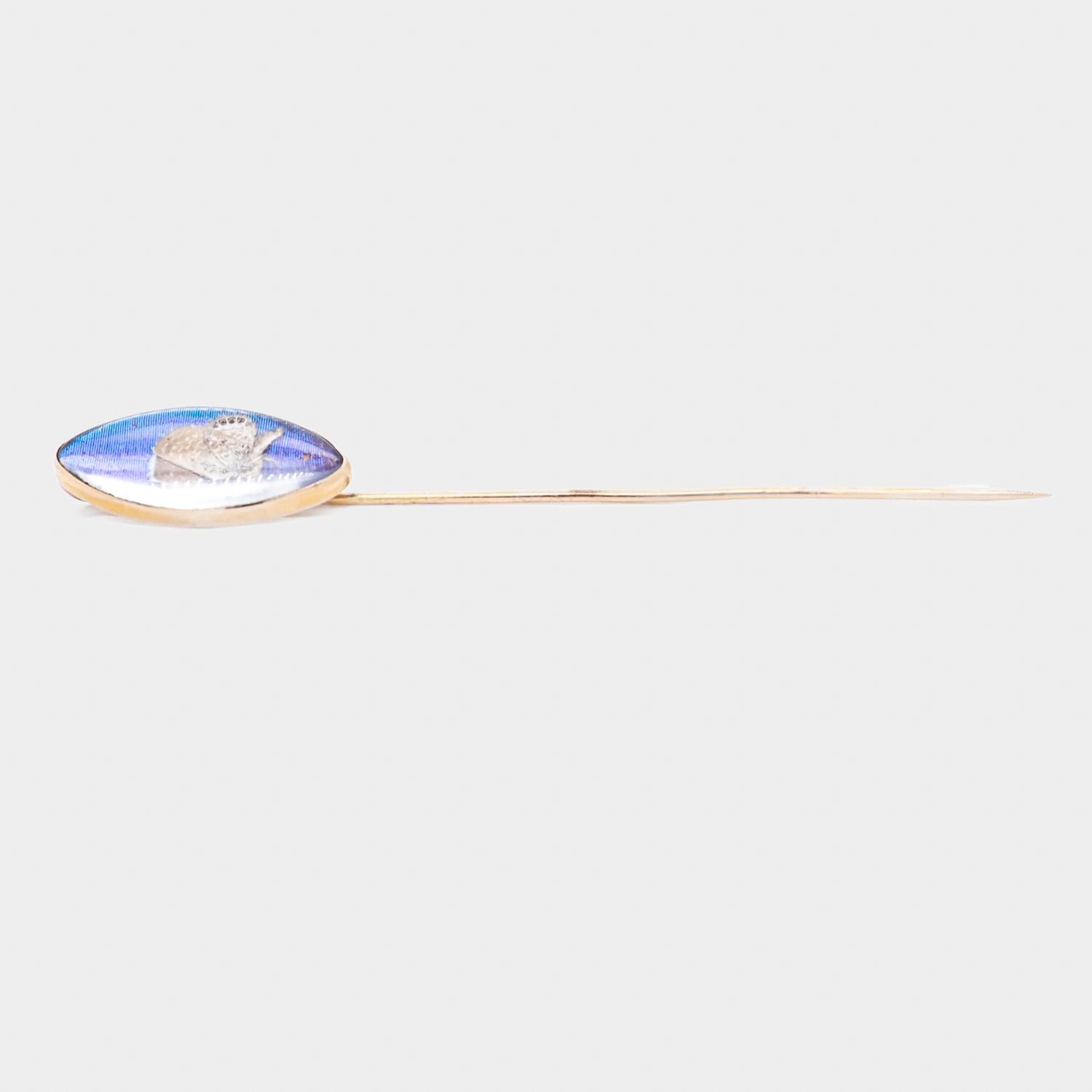 Antique 14K Gold & Real Morpho Butterfly Wing Stickpin For Sale 2