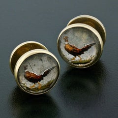 Antique 14k Gold Reverse Intaglio Painted Ring Neck Pheasants Amber Cuff Links