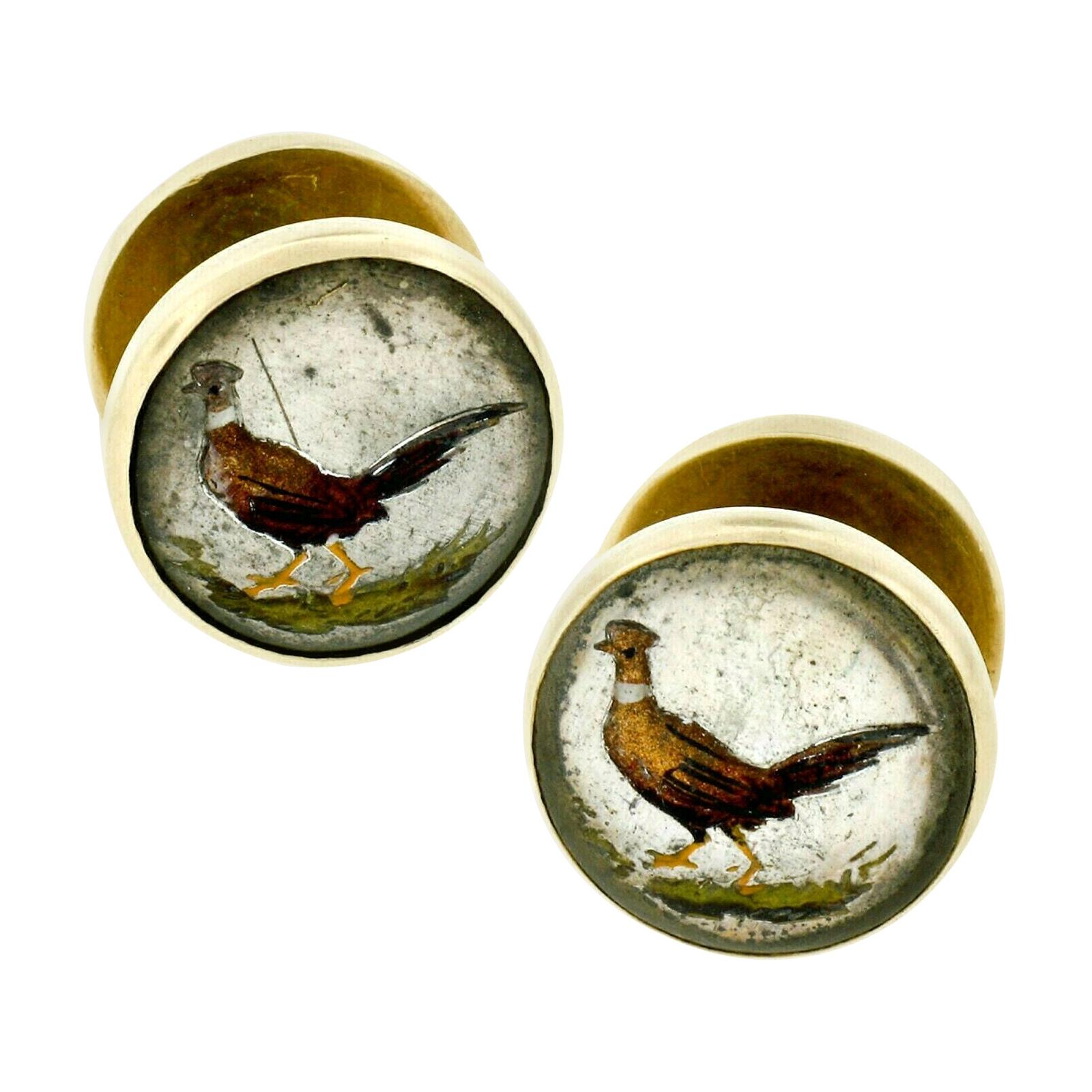 Antique 14k Gold Reverse Intaglio Painted Ring Neck Pheasants Amber Cuff Links