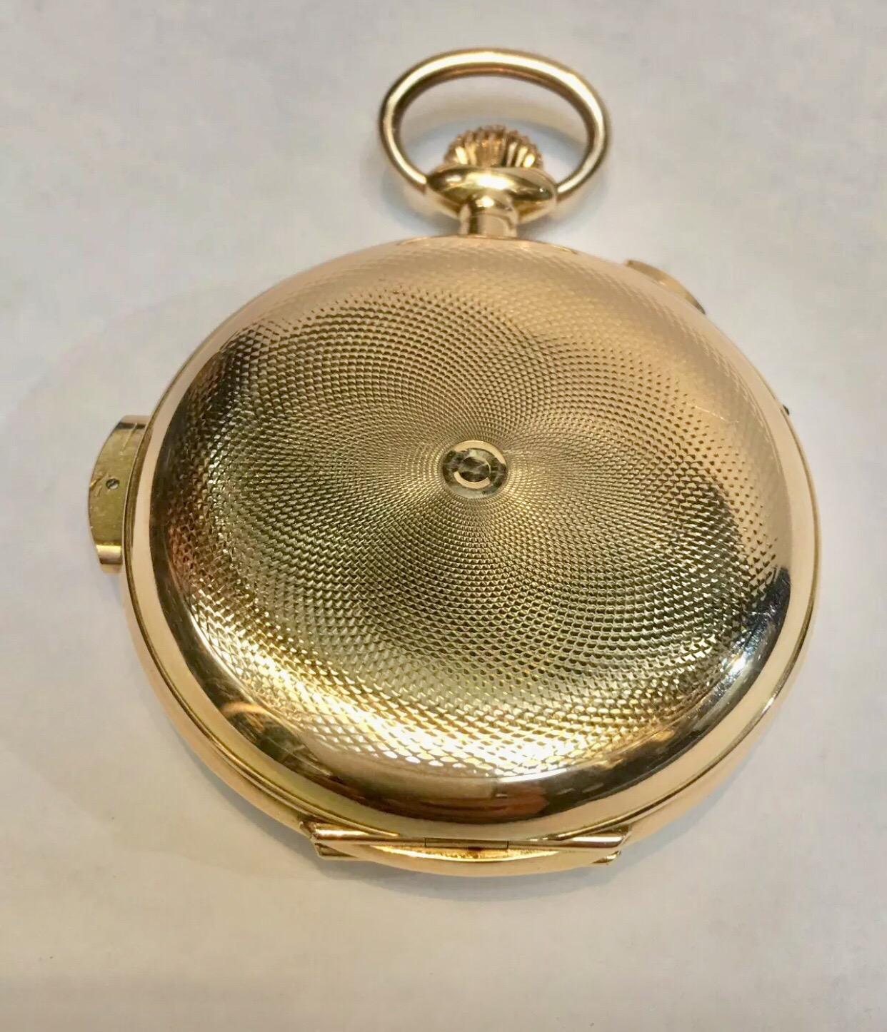 Antique 14K Gold Rocail Full Hunter Minute Repeater Chronograph Pocket Watch For Sale 3