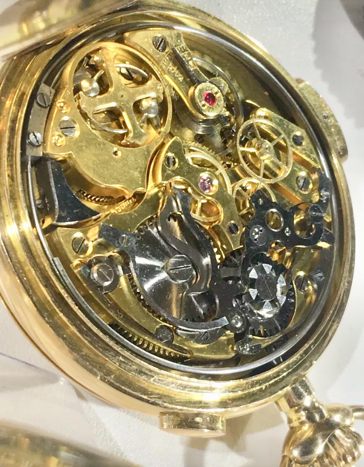 Antique 14K Gold Rocail Full Hunter Minute Repeater Chronograph Pocket Watch For Sale 4