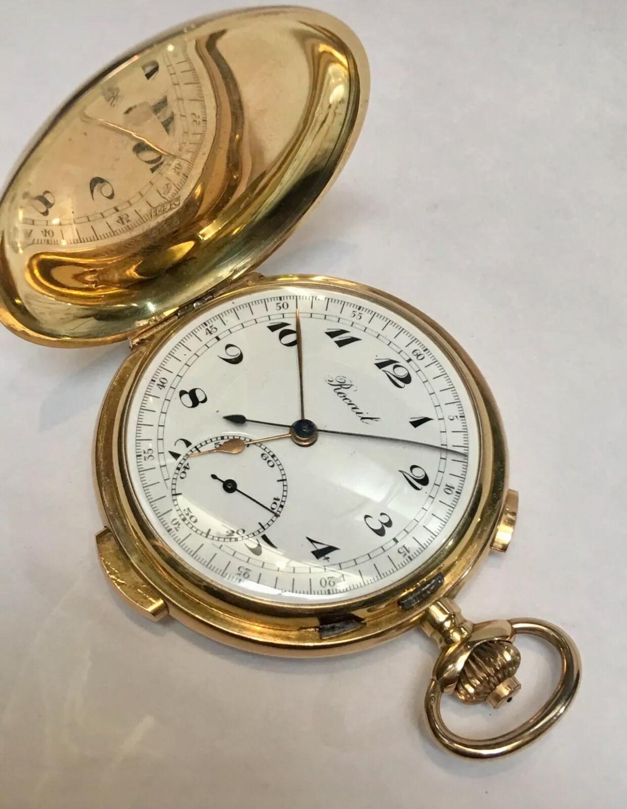 A 14ct gold Rocail full hunter Minute Repeater chronograph pocket watch, white enamelled dial, Arabic numerals, subsidiary seconds dial, timer sweep hand, top winding Swiss jewelled movement, the inner cover stamped with Swiss quality marks, 14