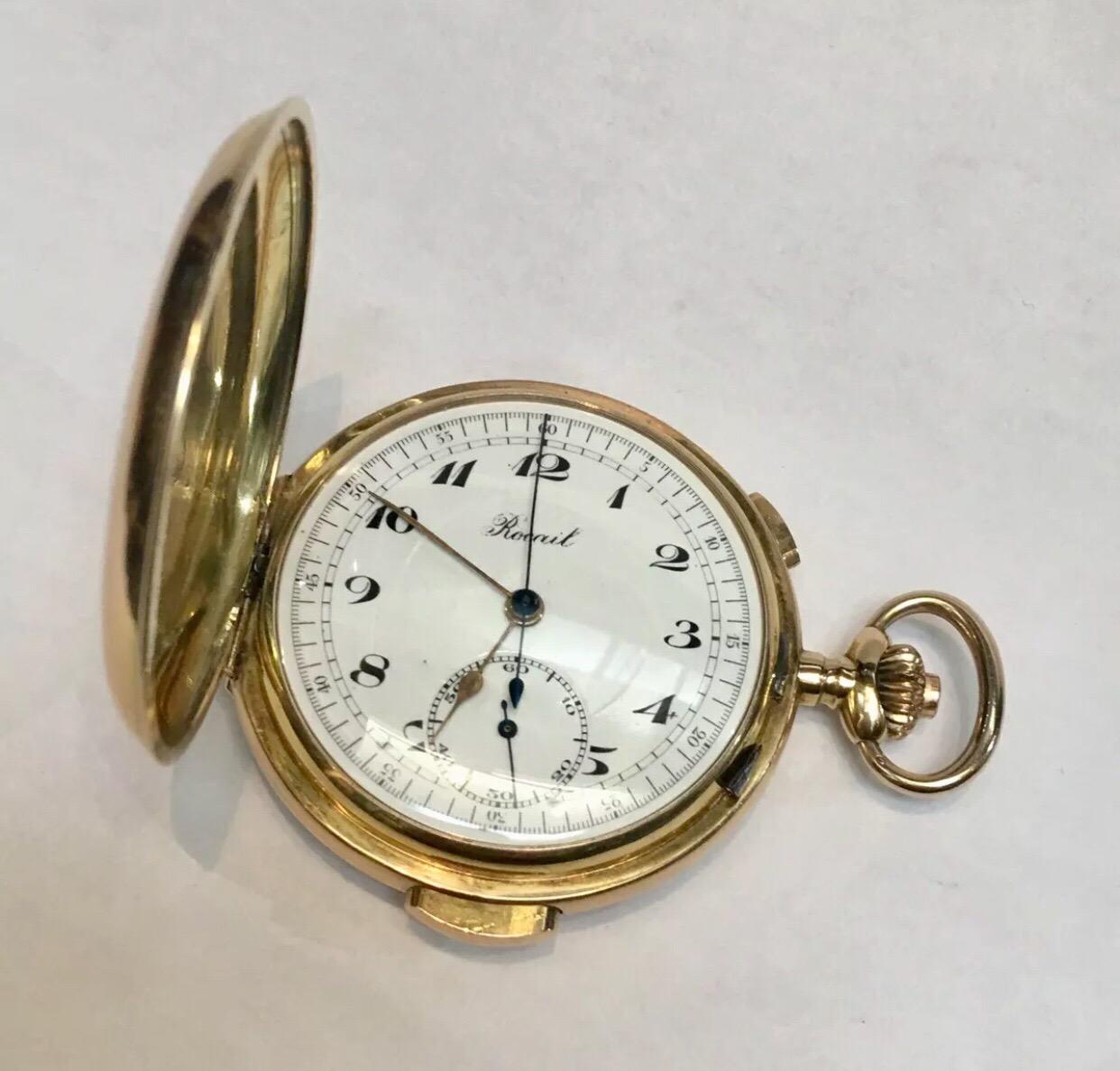 Antique 14K Gold Rocail Full Hunter Minute Repeater Chronograph Pocket Watch For Sale 1
