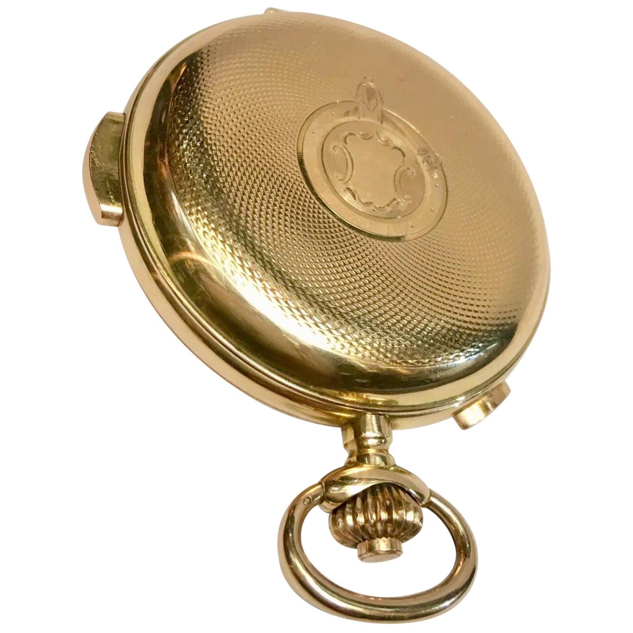 Antique 14K Gold Rocail Full Hunter Minute Repeater Chronograph Pocket Watch For Sale