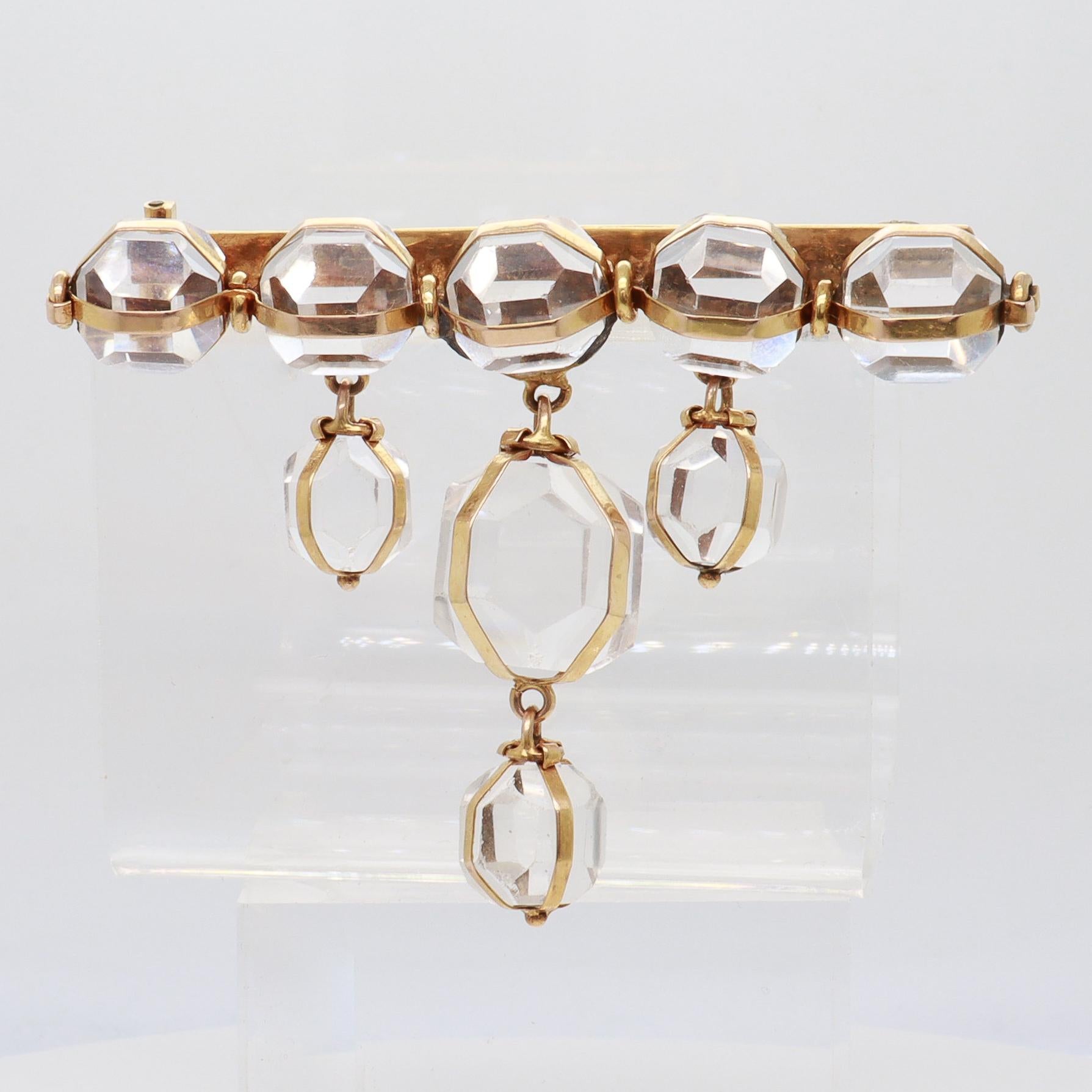 Antique 14K Gold & Rock Crystal Brooch / Pin with Victorian Elements In Good Condition For Sale In Philadelphia, PA