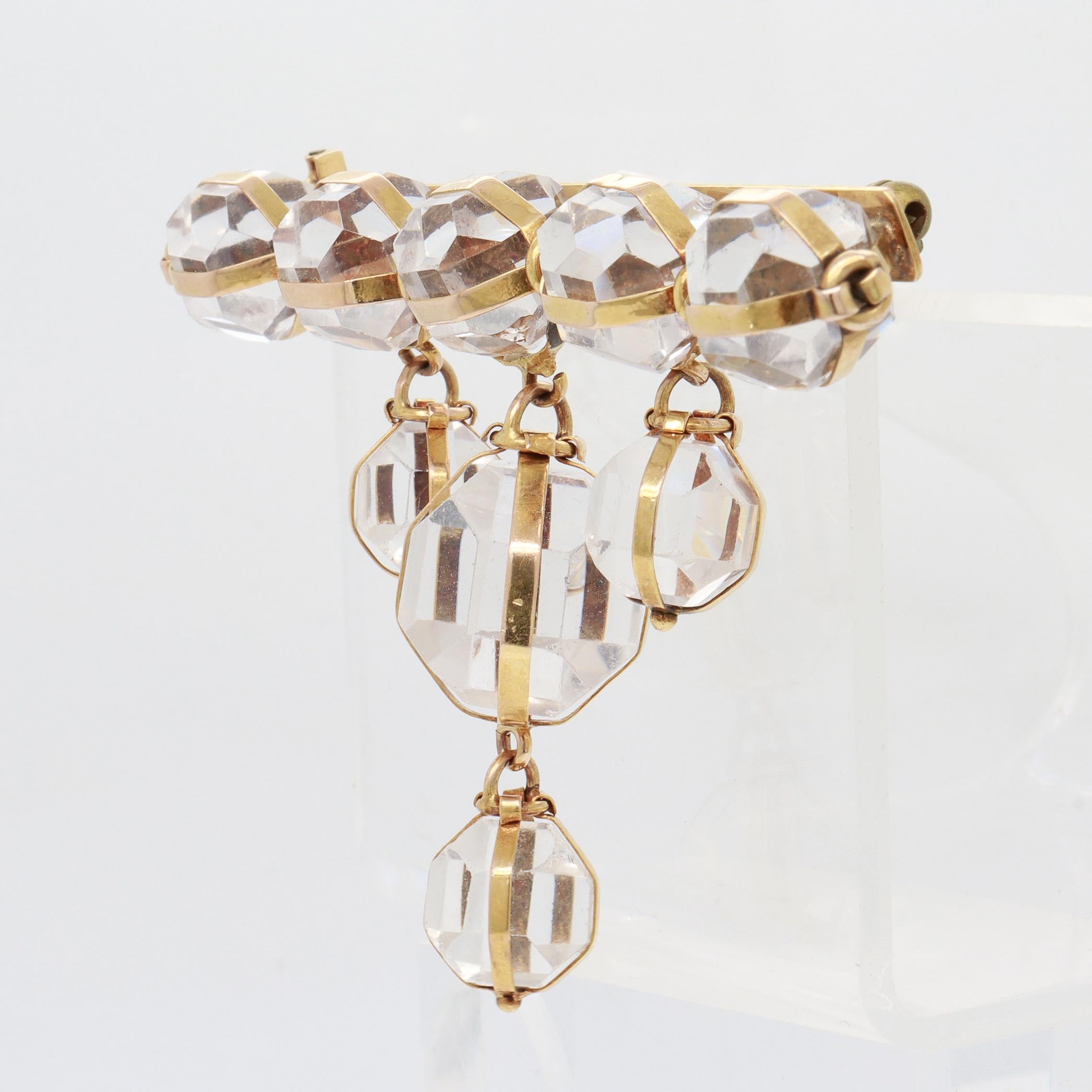 Women's Antique 14K Gold & Rock Crystal Brooch / Pin with Victorian Elements For Sale
