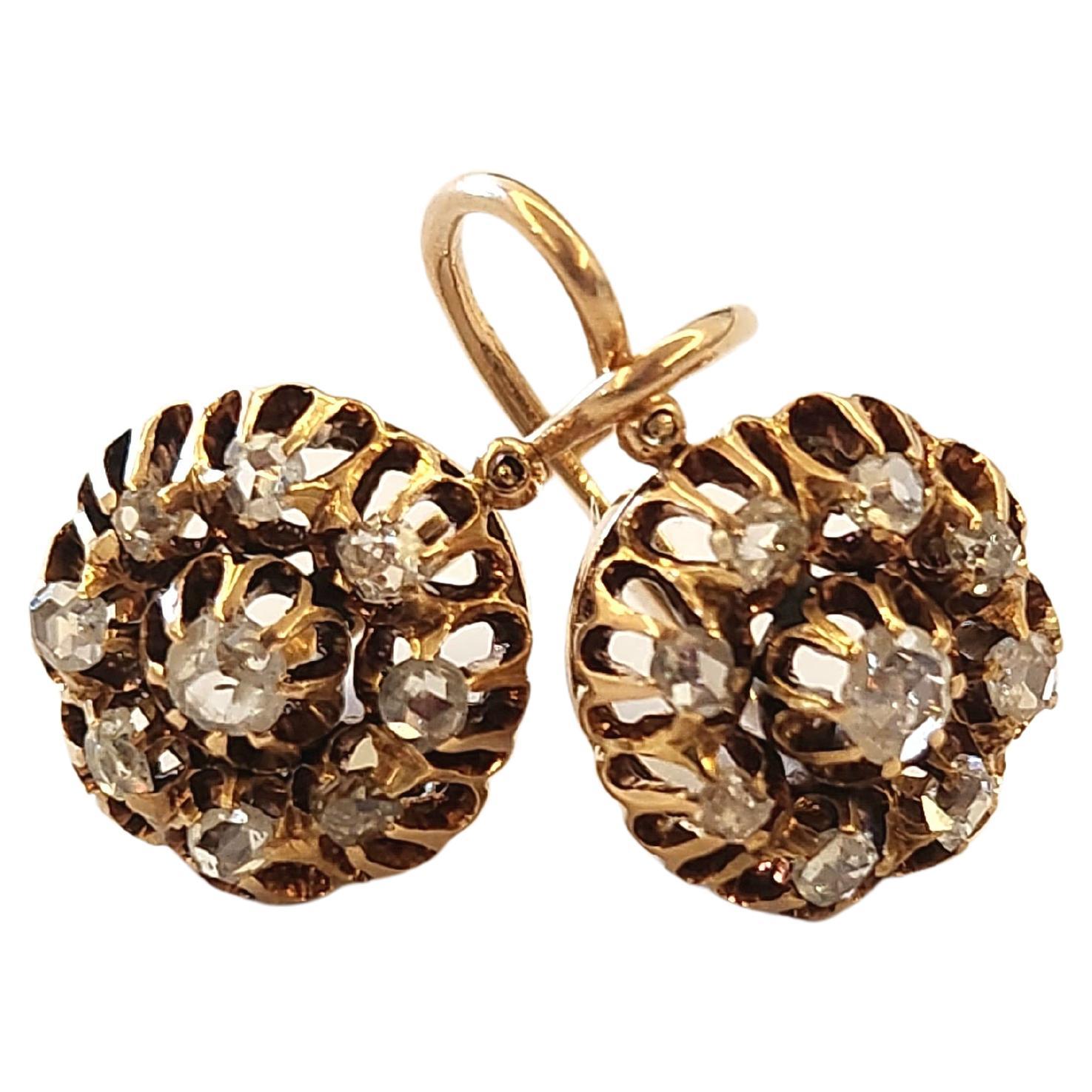 Antique Rose Cut Diamond Russian Gold Earrings For Sale