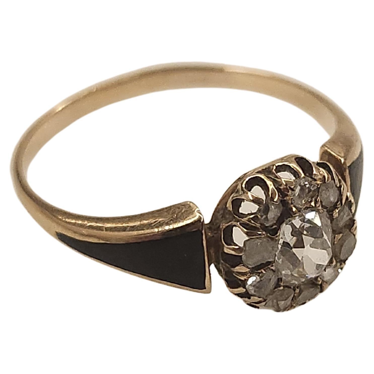 Women's Antique Rose Cut Diamond Enamel Gold Ring For Sale