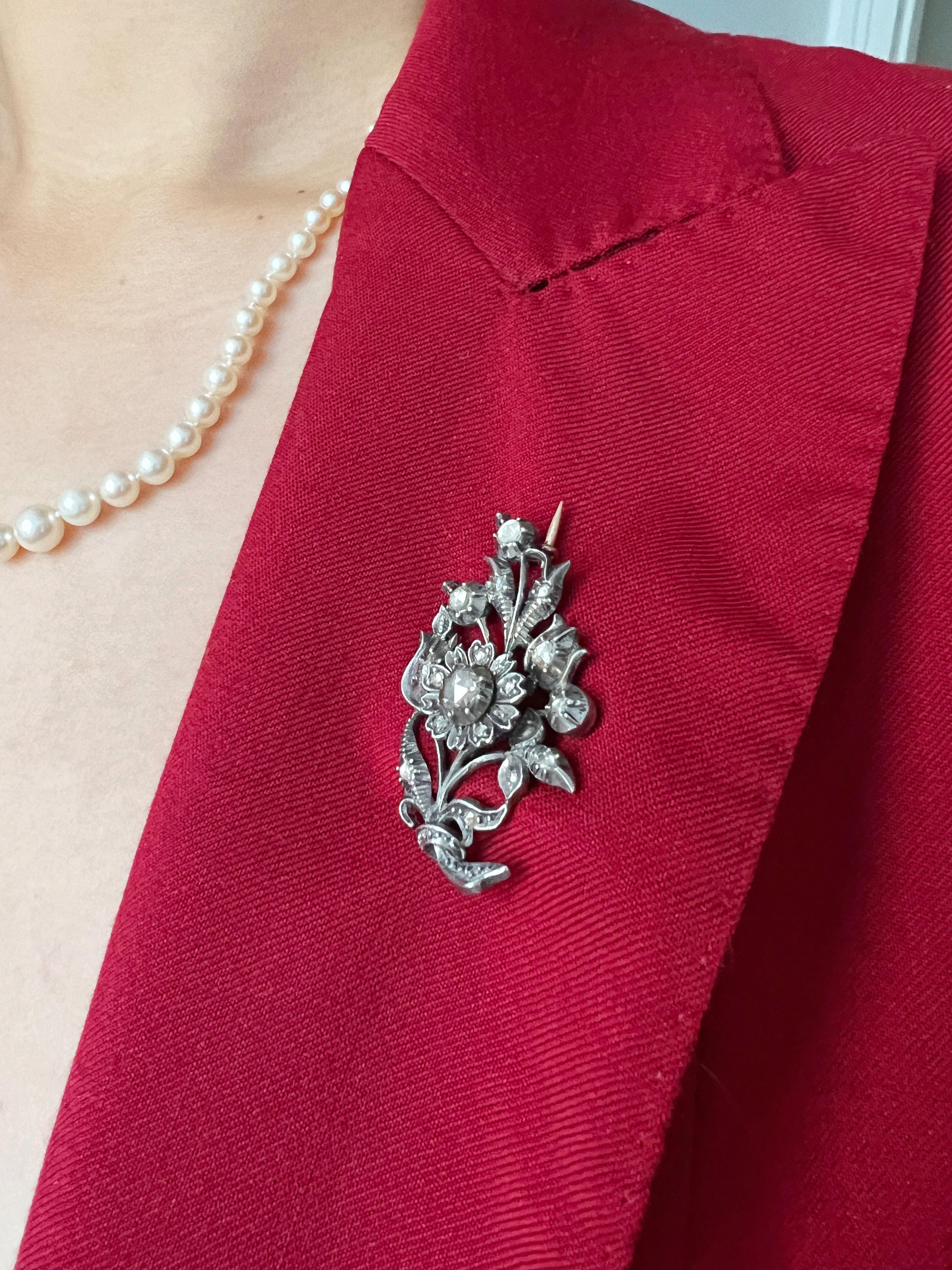 Antique 14k gold rose cut diamond flower brooch For Sale 4