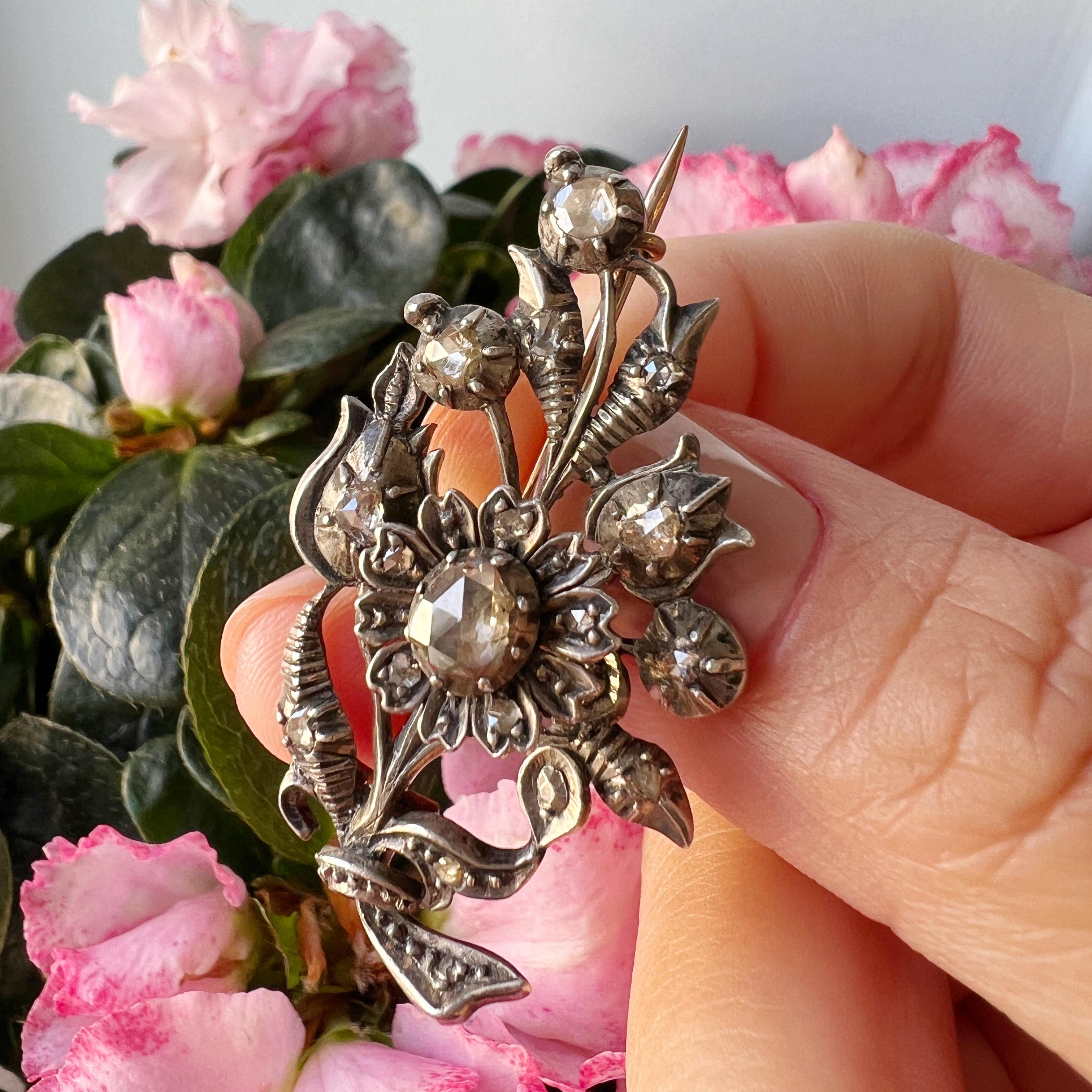 Women's or Men's Antique 14k gold rose cut diamond flower brooch For Sale
