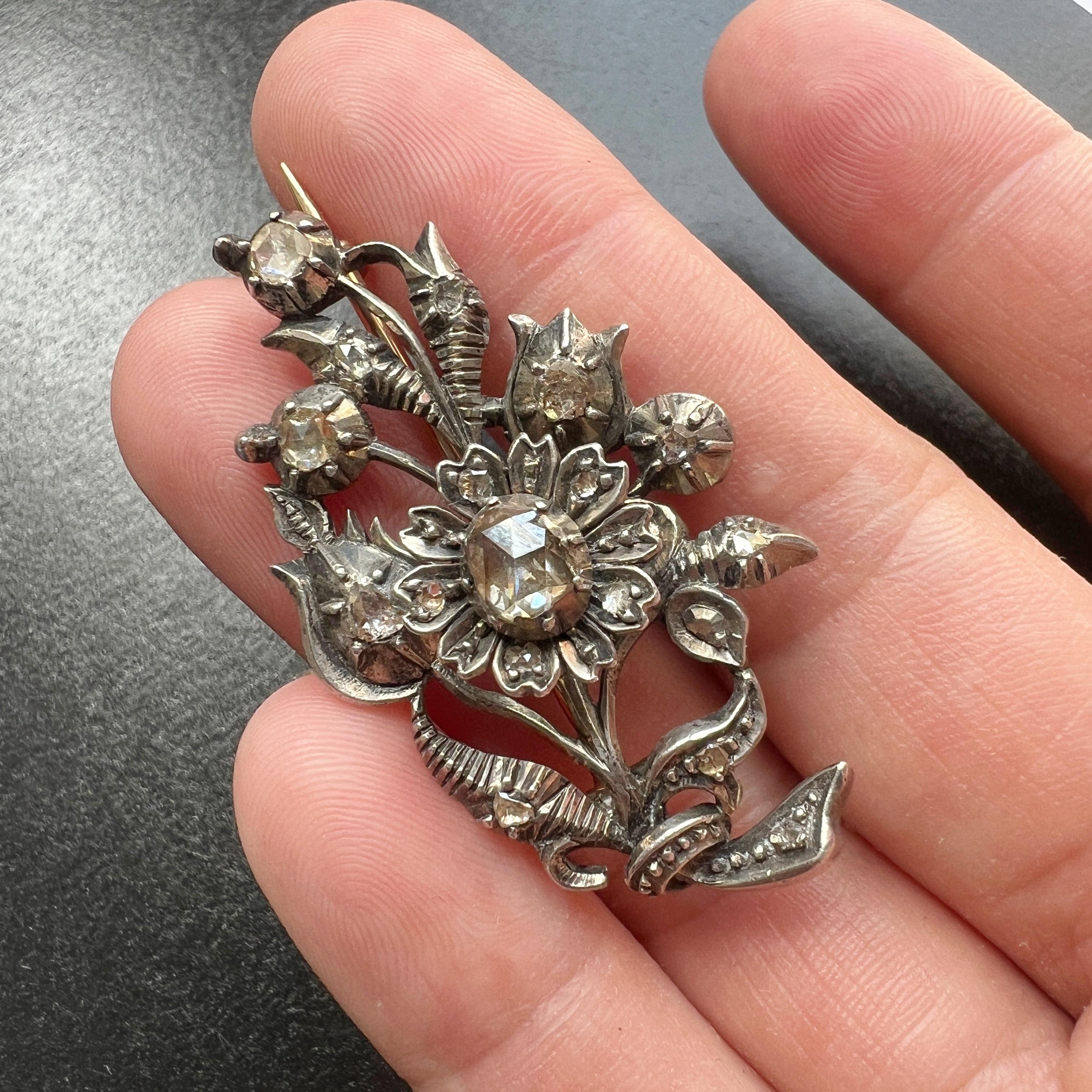 Antique 14k gold rose cut diamond flower brooch 3