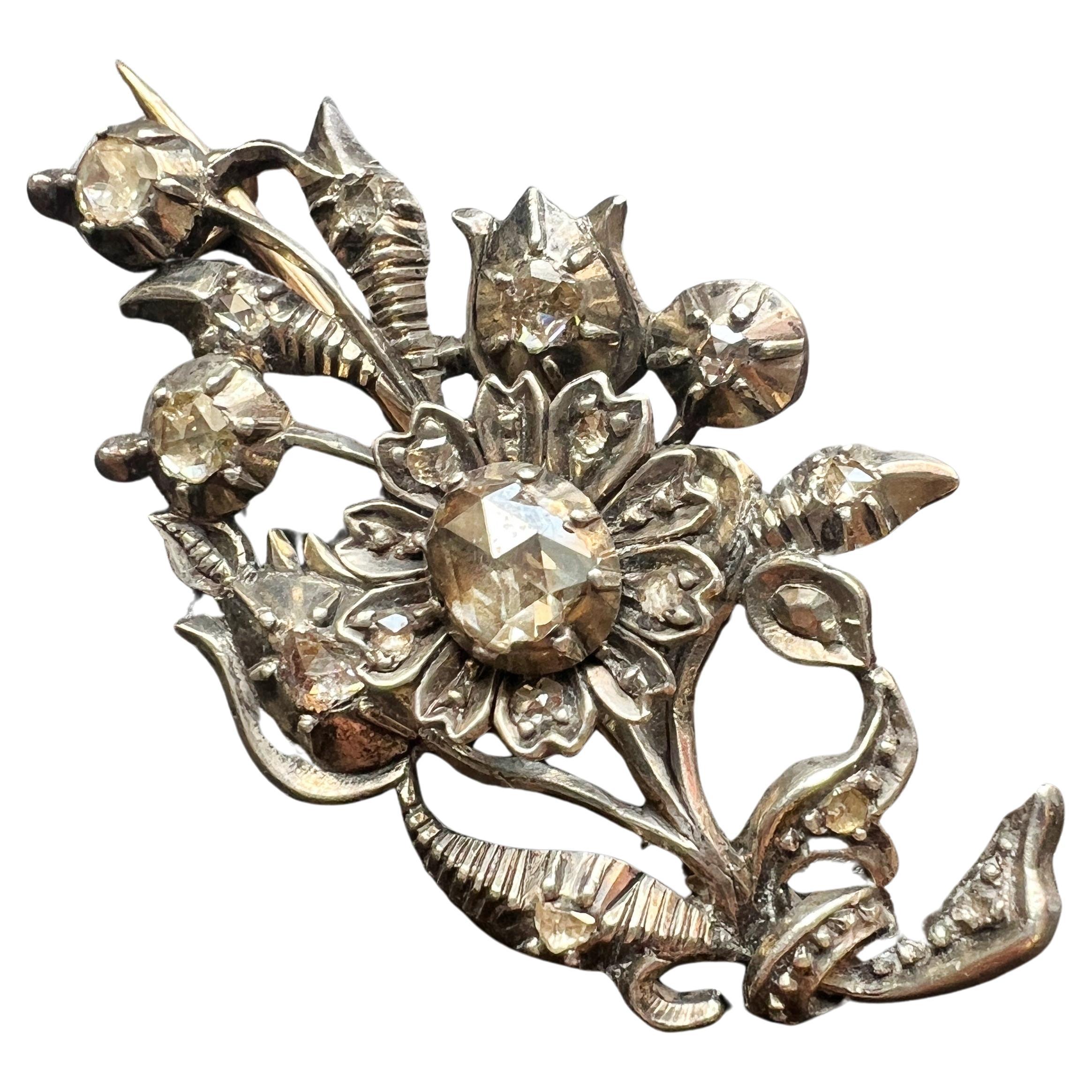 Antique 14k gold rose cut diamond flower brooch For Sale