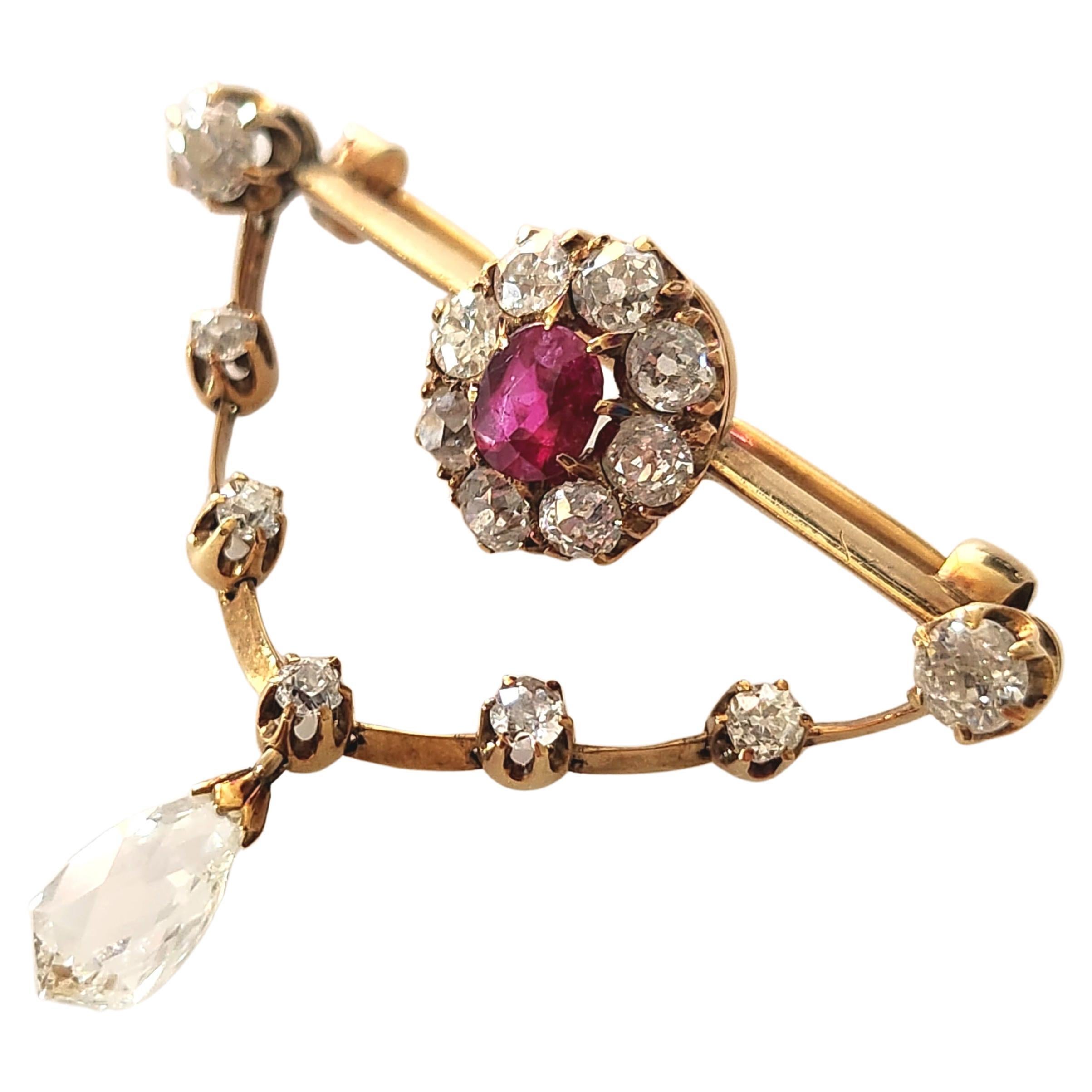 Antique Ruby And Diamond Russian Gold Brooch For Sale