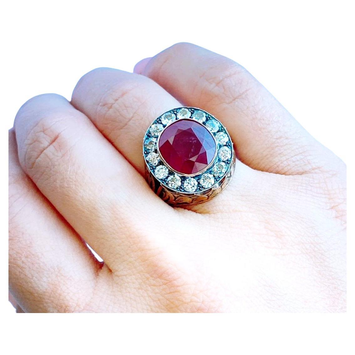 Women's or Men's Antique Ruby And Old Mine Cut Diamond Gold Ring For Sale