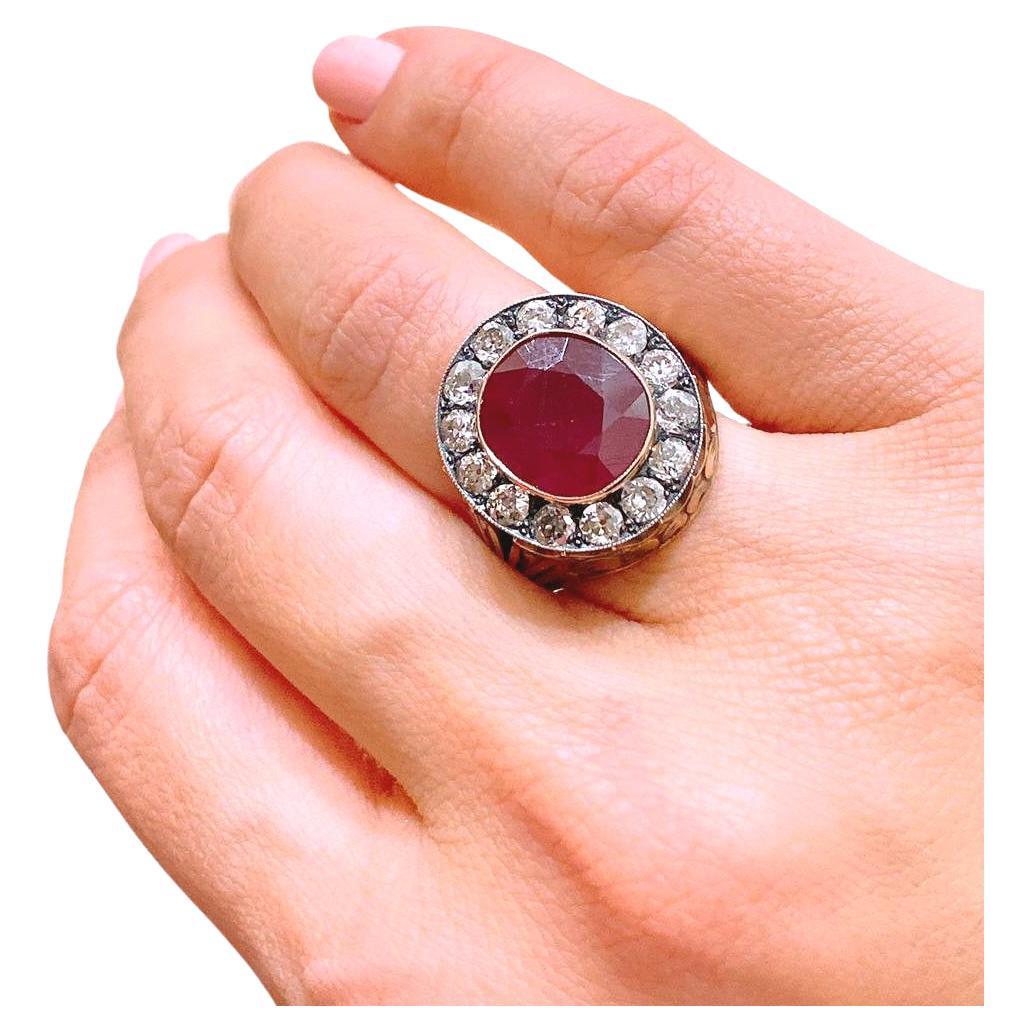 Antique Ruby And Old Mine Cut Diamond Gold Ring For Sale 5