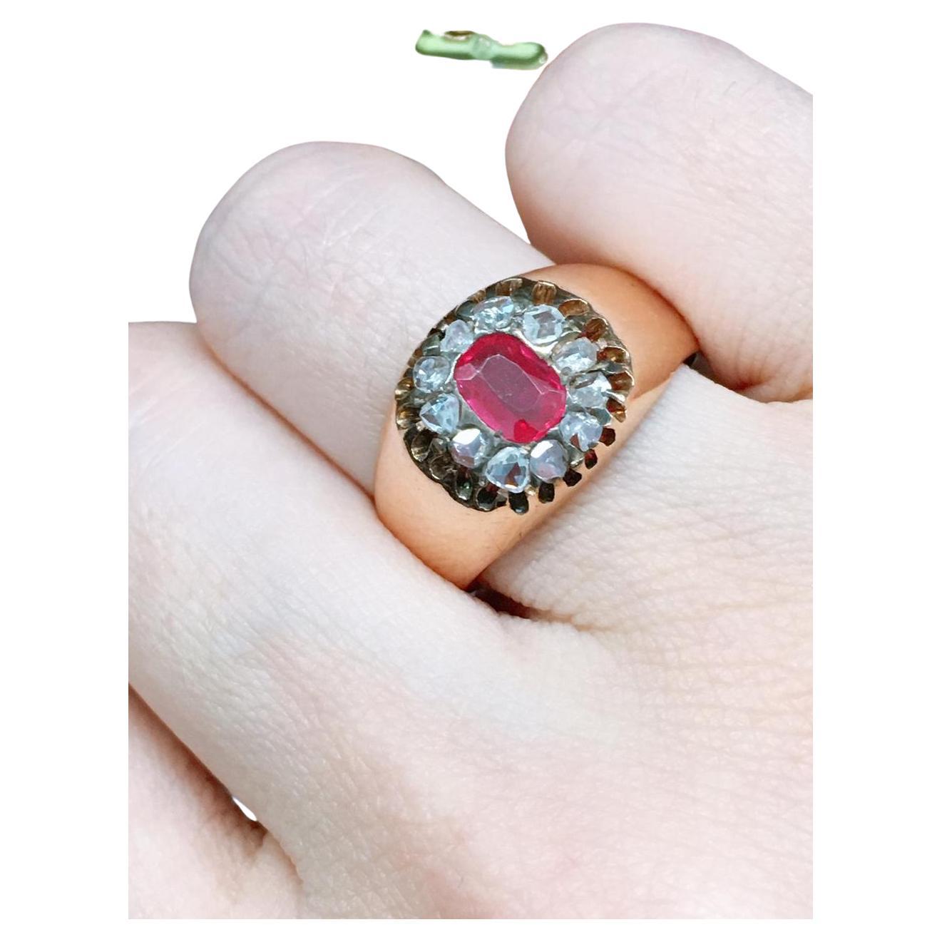 Antique Ruby And Rose Cut Diamond Russian Gold Ring For Sale 1