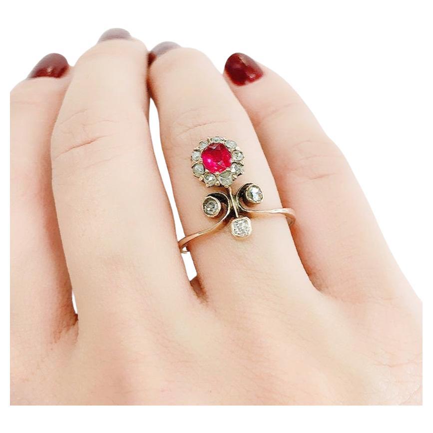 Antique Ruby And Rose Cut Diamond Gold Ring For Sale 1
