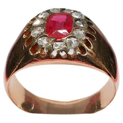 Women's or Men's Antique Ruby And Rose Cut Diamond Russian Gold Ring For Sale