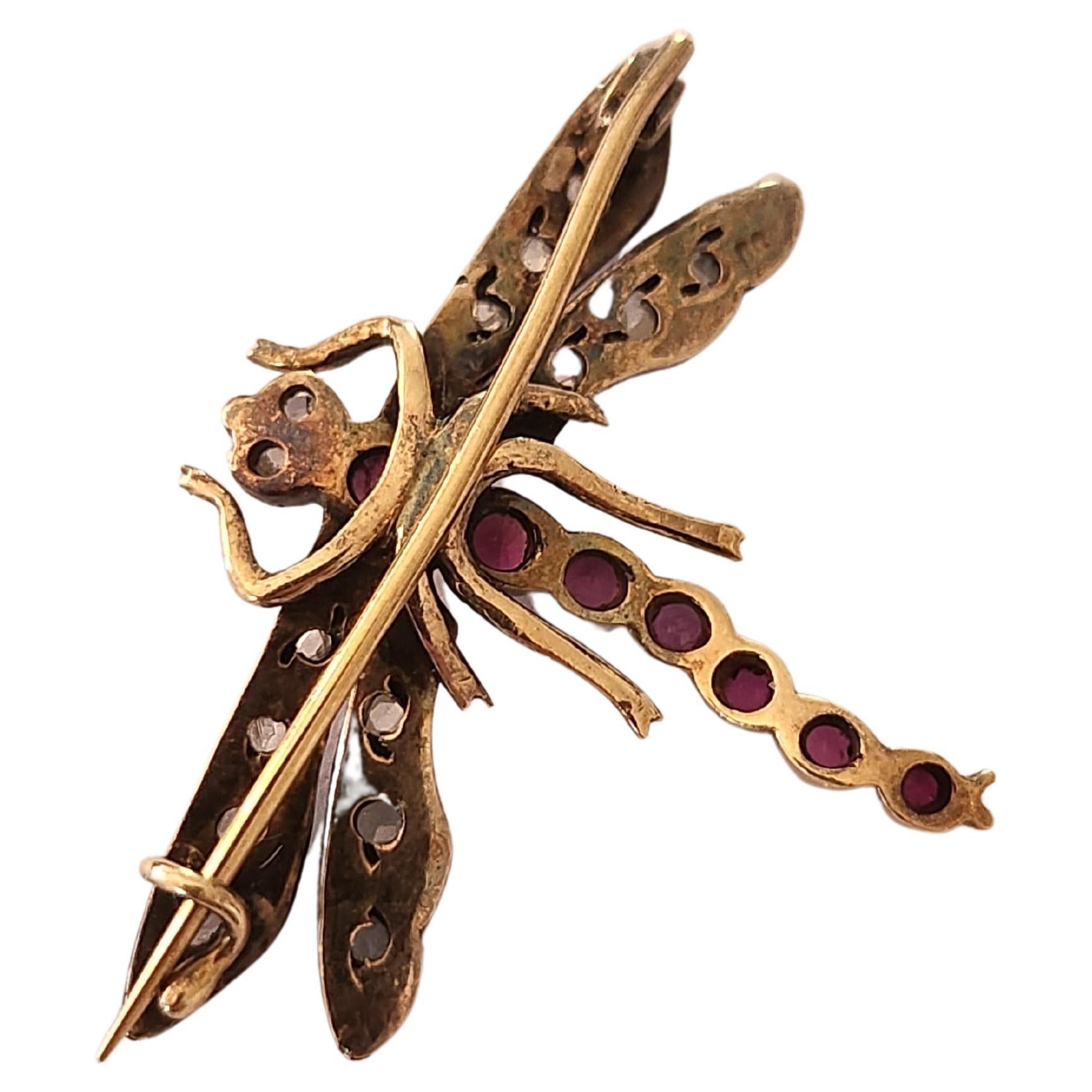 Women's Antique Ruby And Diamond Dragon Fly Gold Brooch For Sale