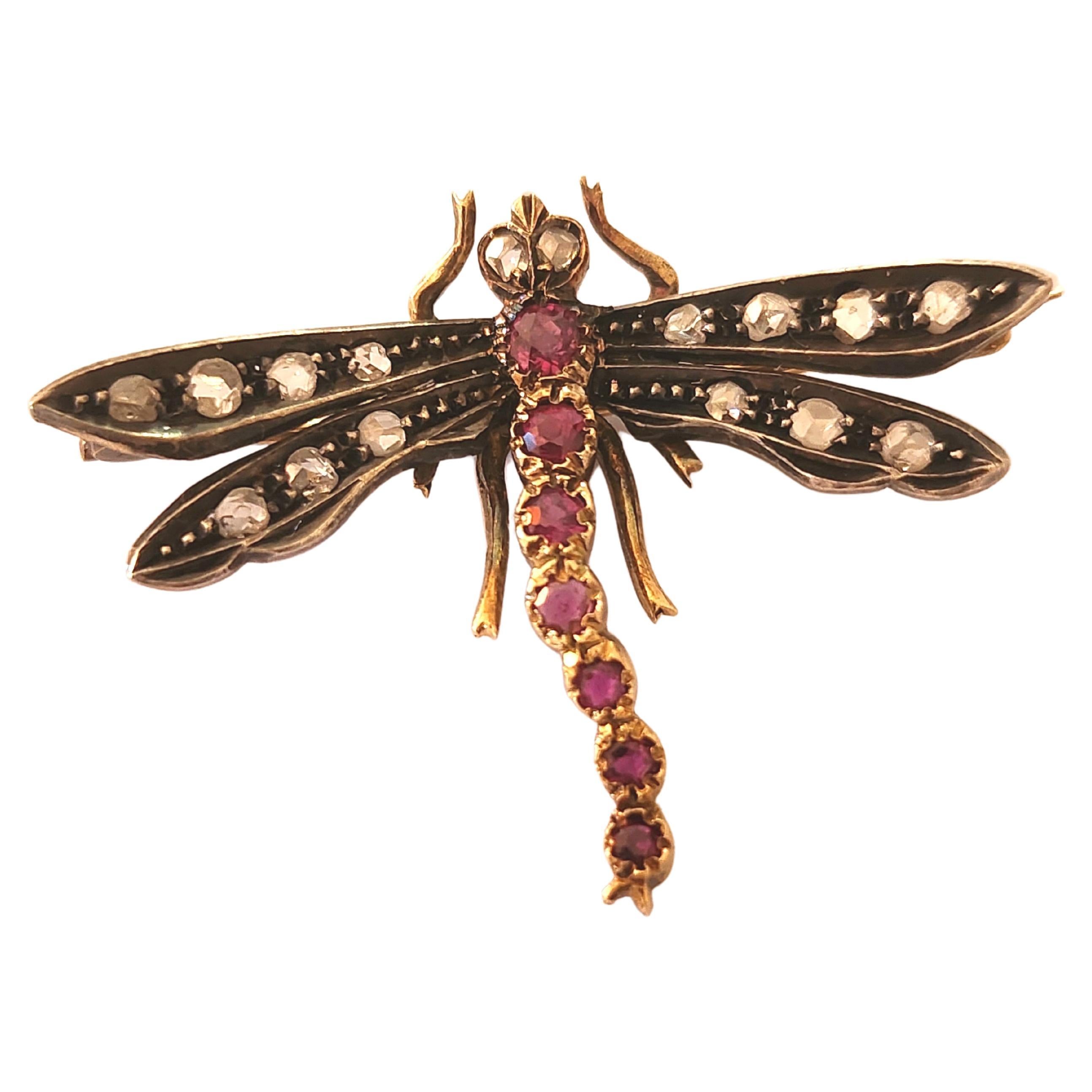 Antique Ruby And Diamond Dragon Fly Gold Brooch For Sale