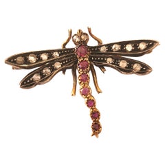 Antique Ruby And Diamond Dragon Fly Gold Brooch