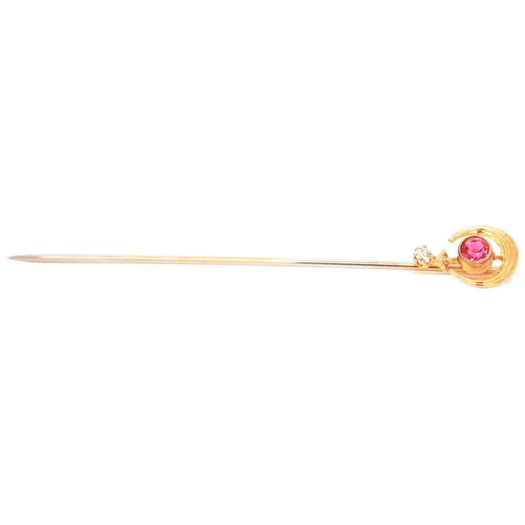 Antique 14k Gold, Ruby, & White Sapphire Stickpin For Sale 8