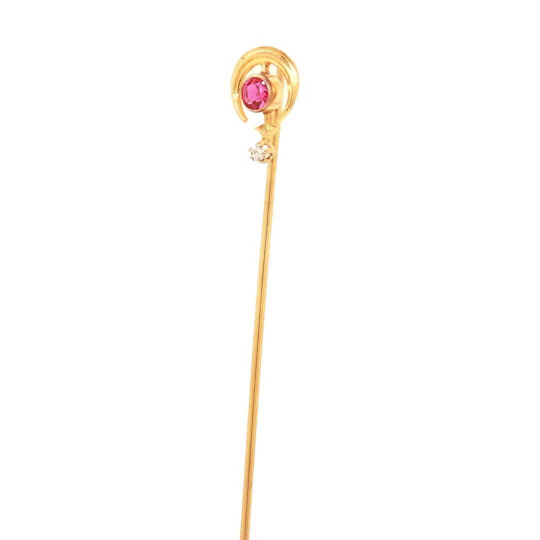 Antique 14k Gold, Ruby, & White Sapphire Stickpin In Good Condition For Sale In Philadelphia, PA