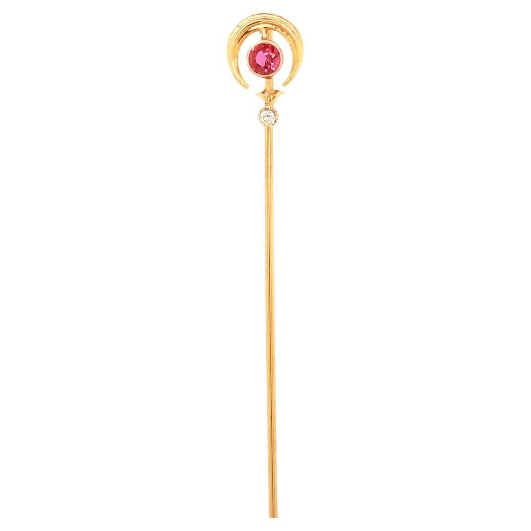 Antique 14k Gold, Ruby, & White Sapphire Stickpin For Sale