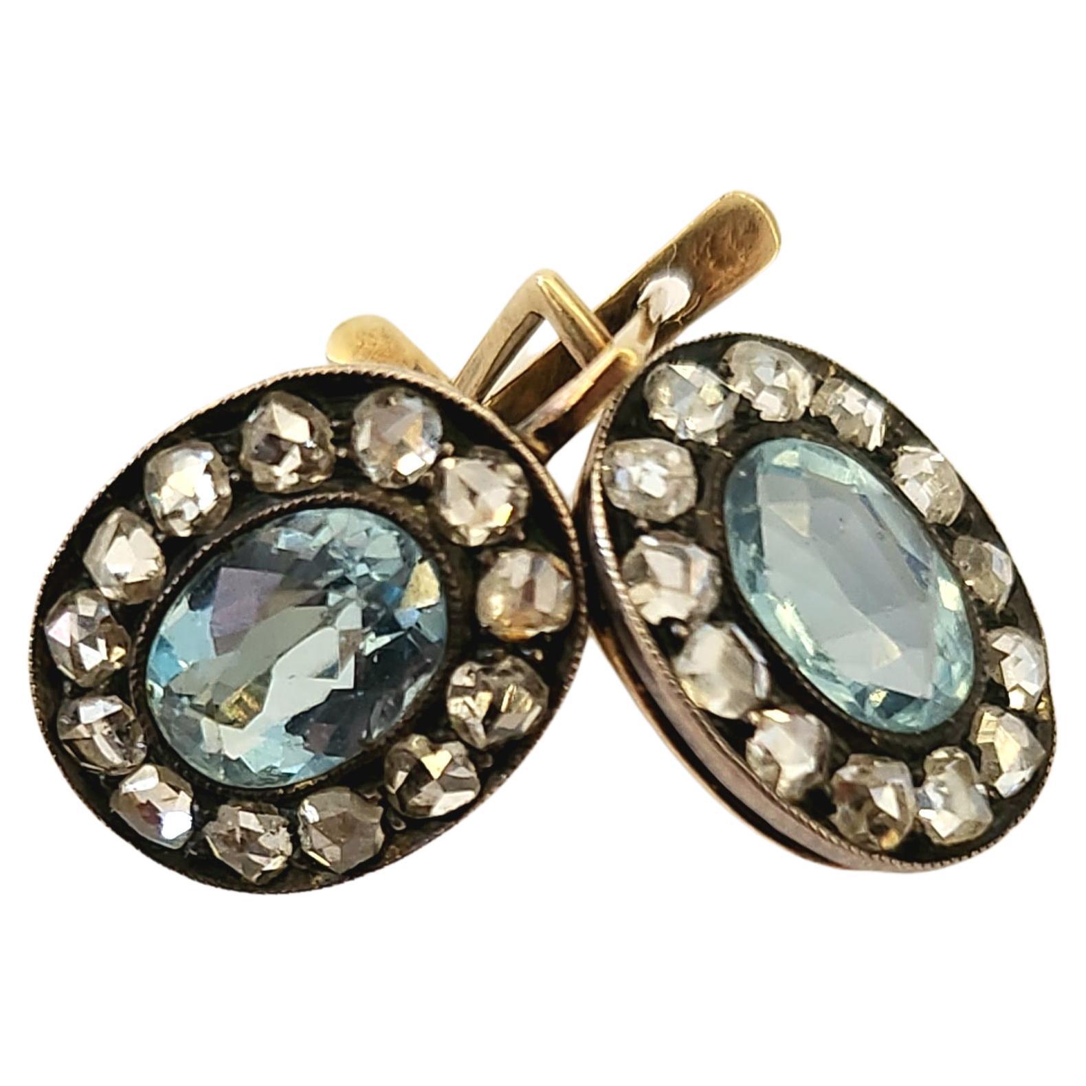 Antique Russian Aquamarine And Diamond Gold Earrings In Good Condition For Sale In Cairo, EG