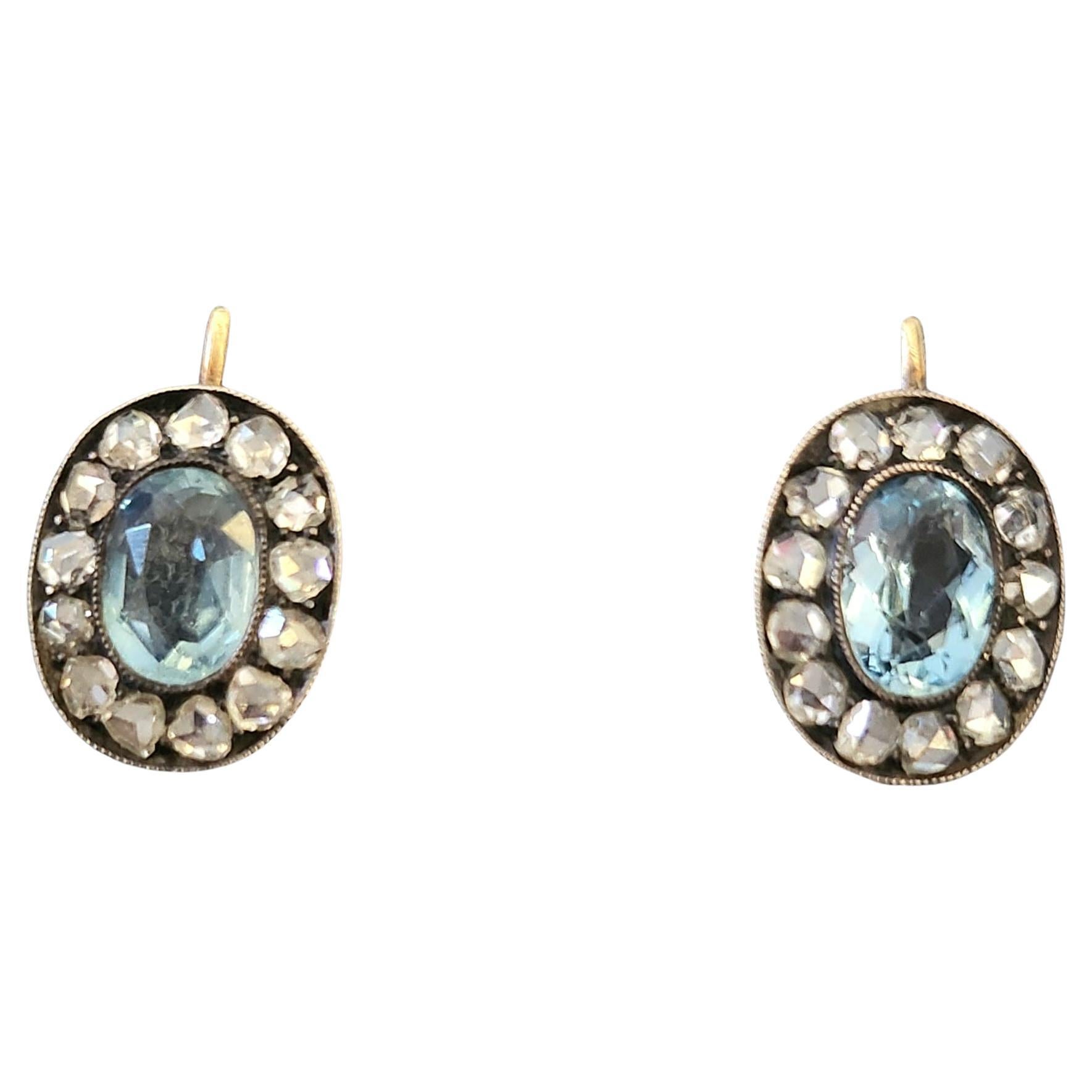 Women's Antique Russian Aquamarine And Diamond Gold Earrings For Sale