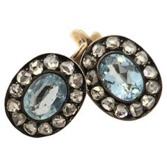 Antique Aquamarine And Old Mine Cut Diamond Gold Earrings