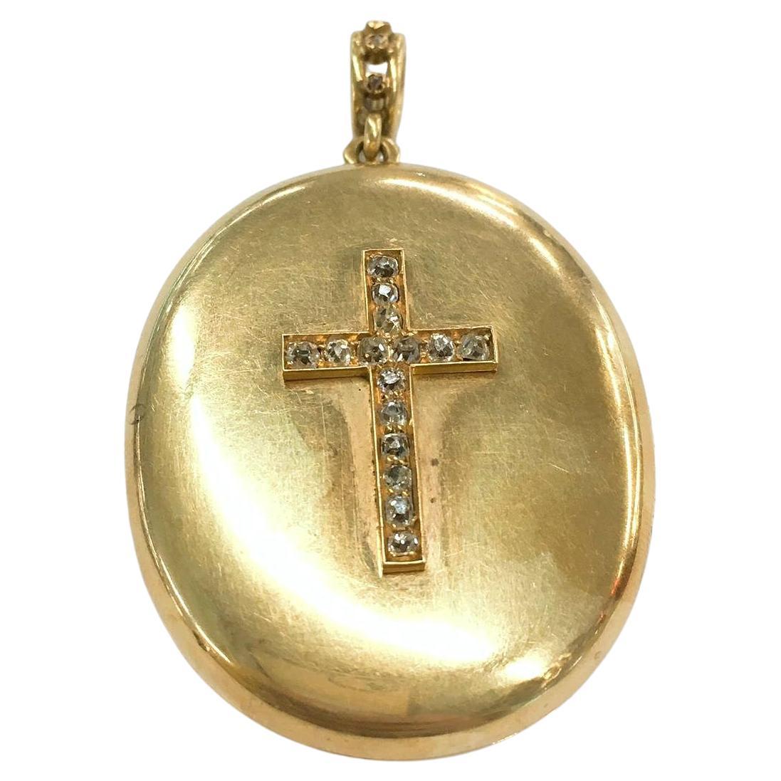 Antique Diamond Cross Gold Locket Pendant For Sale