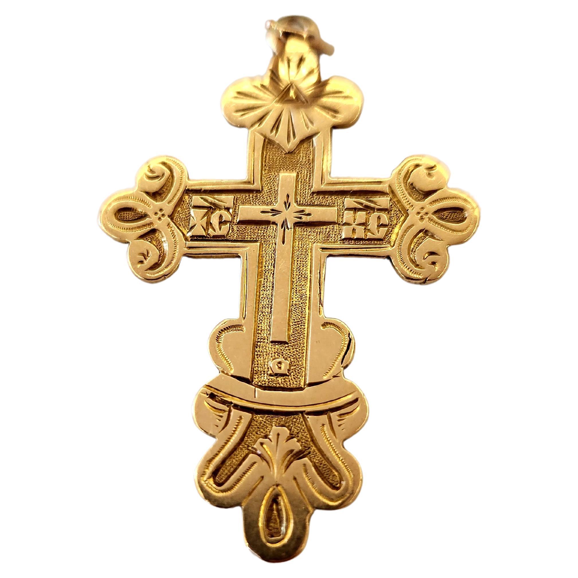 Antique russian 14k gold cross pendant engraved on back (spasi sokhrani) or save and protect cross pendant was made in moscow 1888.c imperial russian era with a total gold weight of 5.75 grams and lenght of 5.5cm including the bail cross is hall