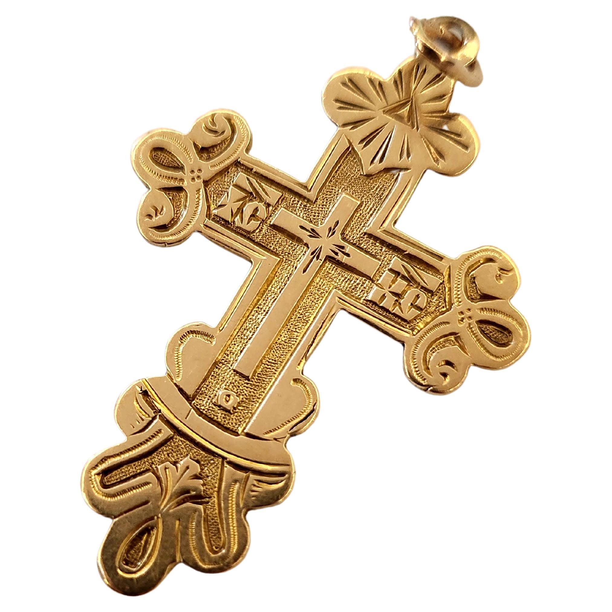 Antique 1880s Russian Gold Cross Pendant For Sale