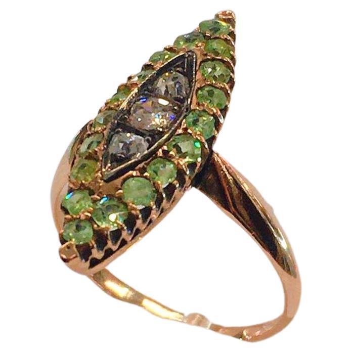 Antique Demantoid and Old Mine Cut Diamond Gold Ring For Sale 1